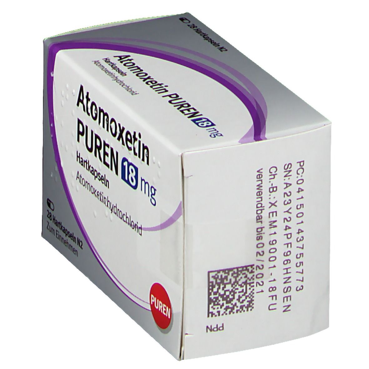 Atomoxetin PUREN 18 mg Verpackung. Seitenansicht mit Produktnamen, Dosierung und Chargennummer. PUREN Logo.