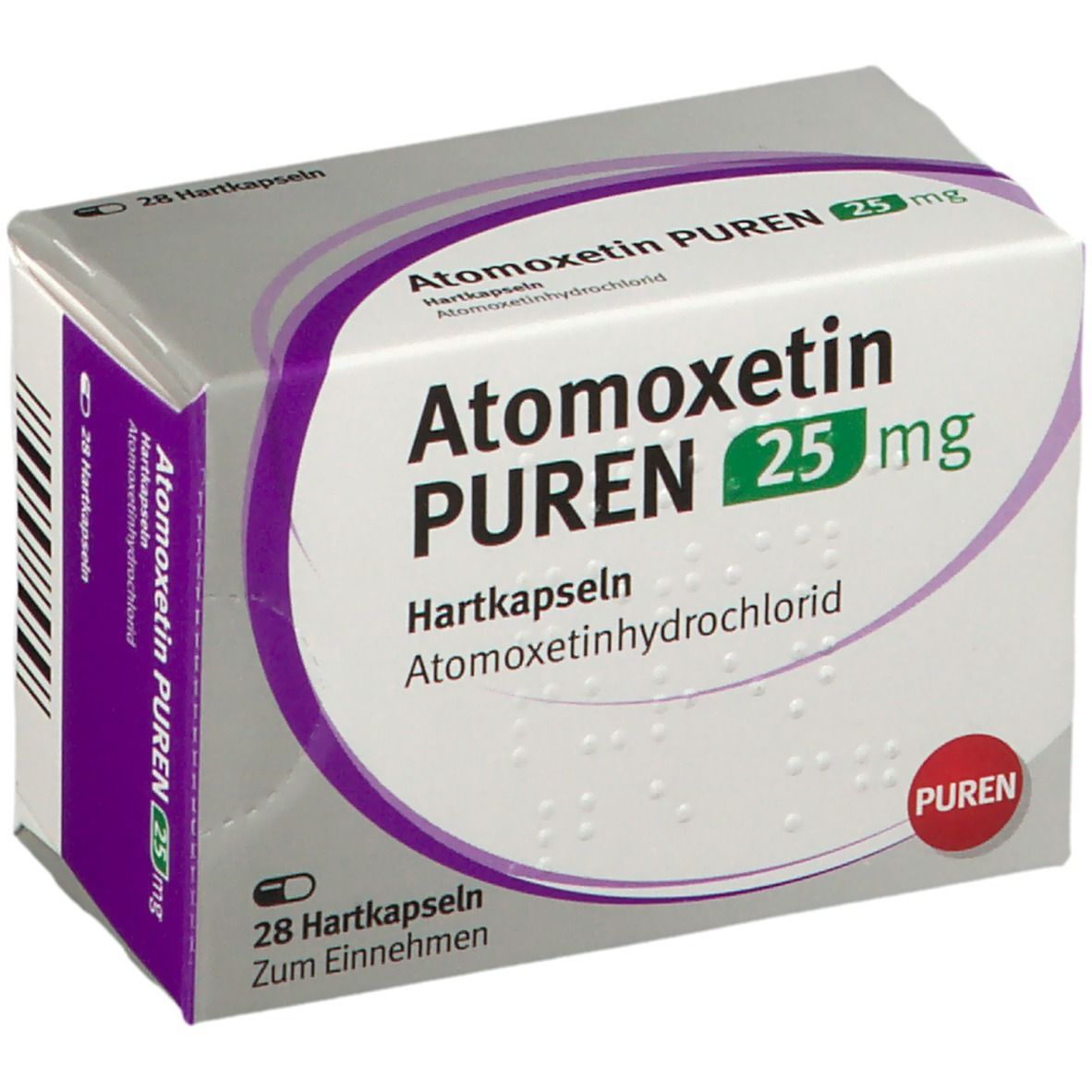 Atomoxetin PUREN 25 mg-Packung. Weiße Schachtel mit lila Akzenten. Beschriftung: 28 Hartkapseln, Atomoxetin PUREN 25 mg.