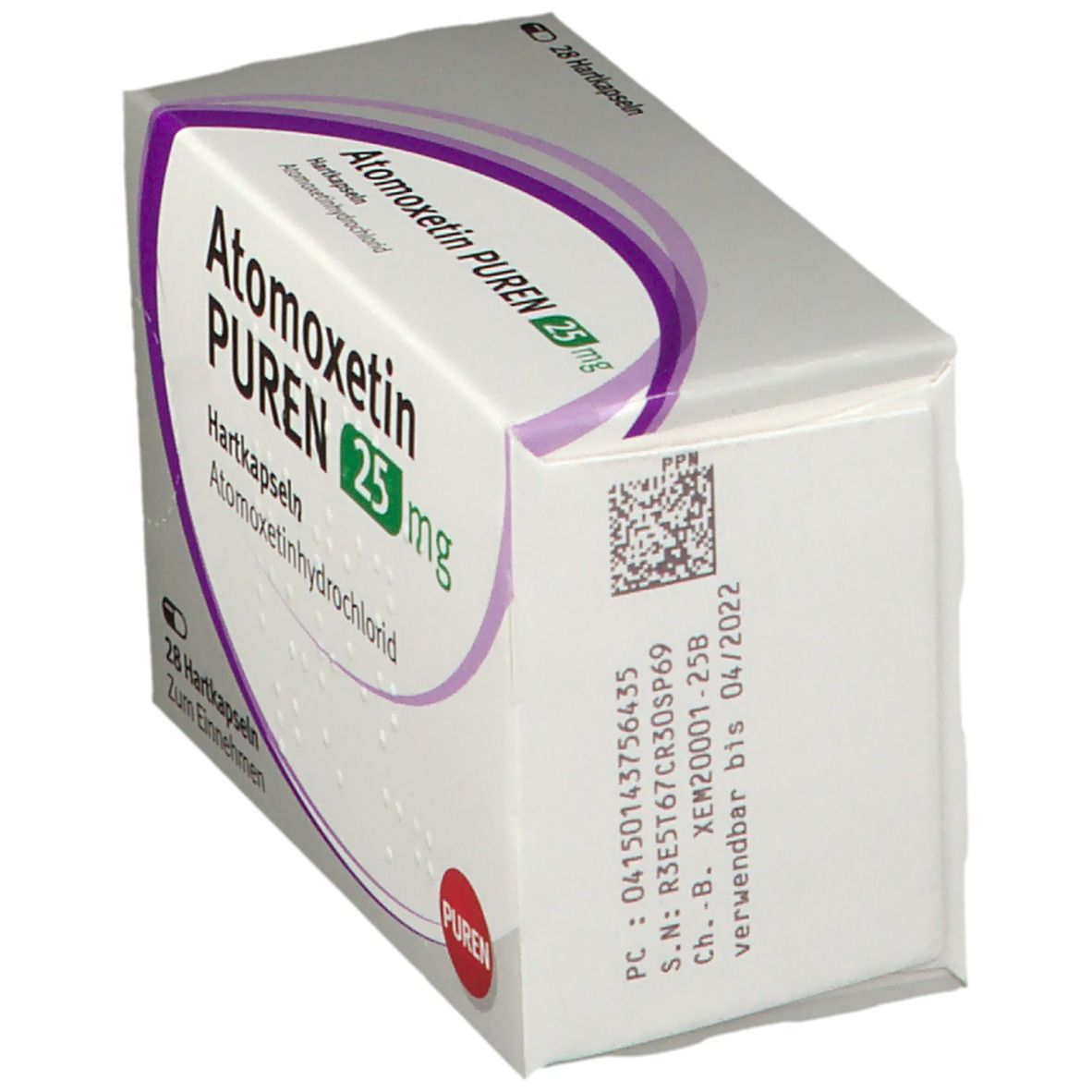 Atomoxetin PUREN 25 mg-Packung, schräg. Weiße Schachtel mit lila Akzenten. Aufdruck: Atomoxetin PUREN 25 mg, Haltbarkeit bis 04/2022.