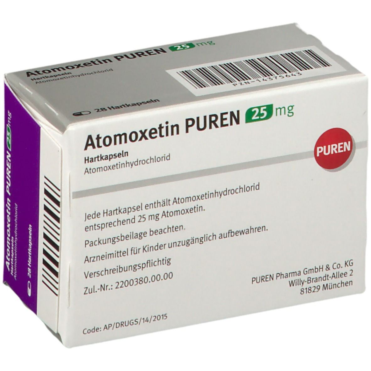 Atomoxetin PUREN 25 mg-Packung. Weiße Schachtel mit lila Akzenten. Text: 28 Hartkapseln, Atomoxetin PUREN 25 mg, PUREN Pharma GmbH & Co. KG.