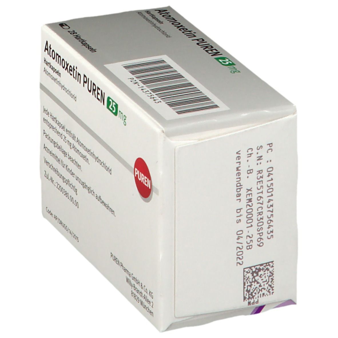 Atomoxetin PUREN 25 mg-Packung, schräg. Weiße Schachtel mit lila Akzenten. Text: Atomoxetin PUREN 25 mg, PUREN Pharma GmbH & Co. KG.