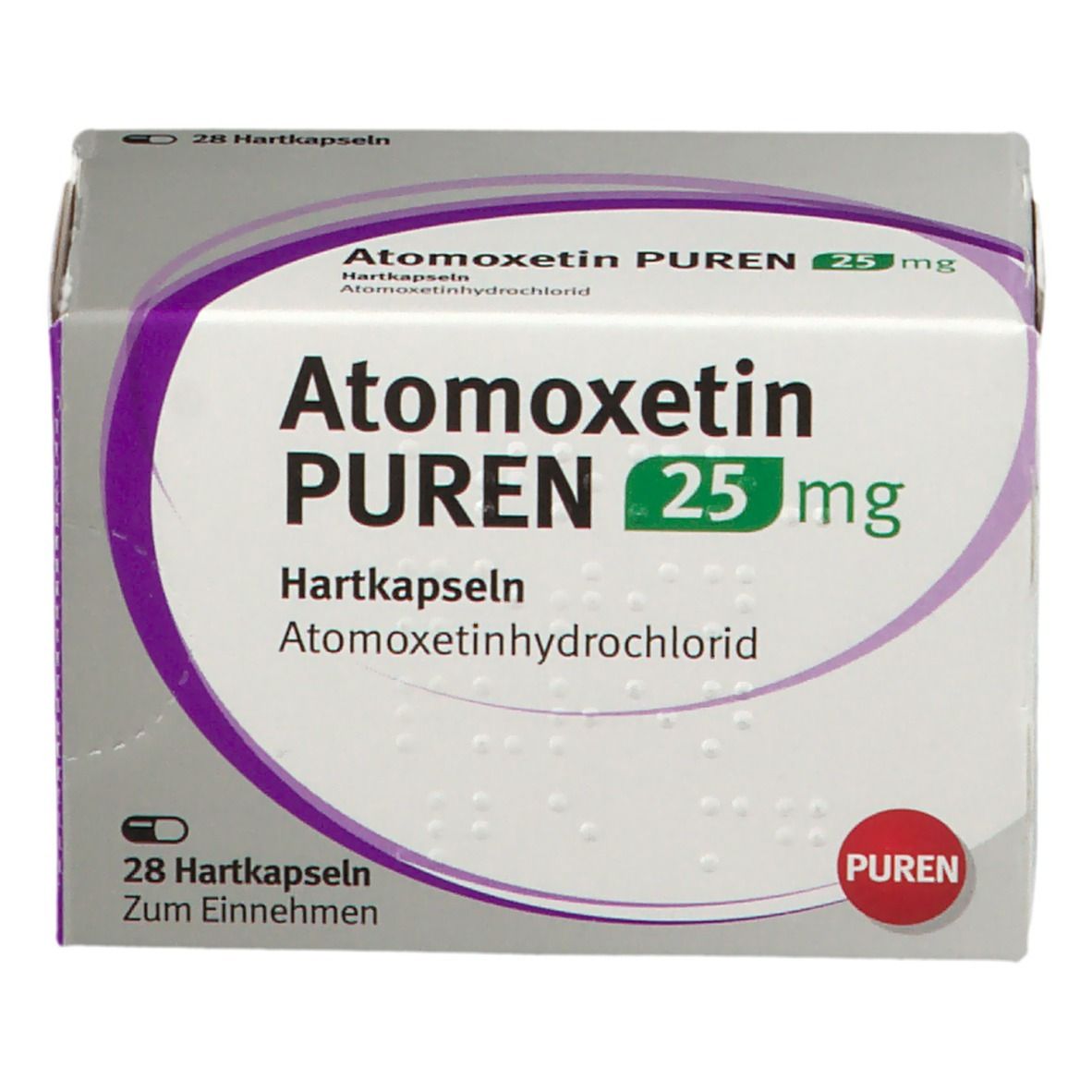 Atomoxetin PUREN 25 mg-Packung. Weiße Schachtel mit lila Akzenten. Beschriftung: 28 Hartkapseln, Atomoxetin PUREN 25 mg.