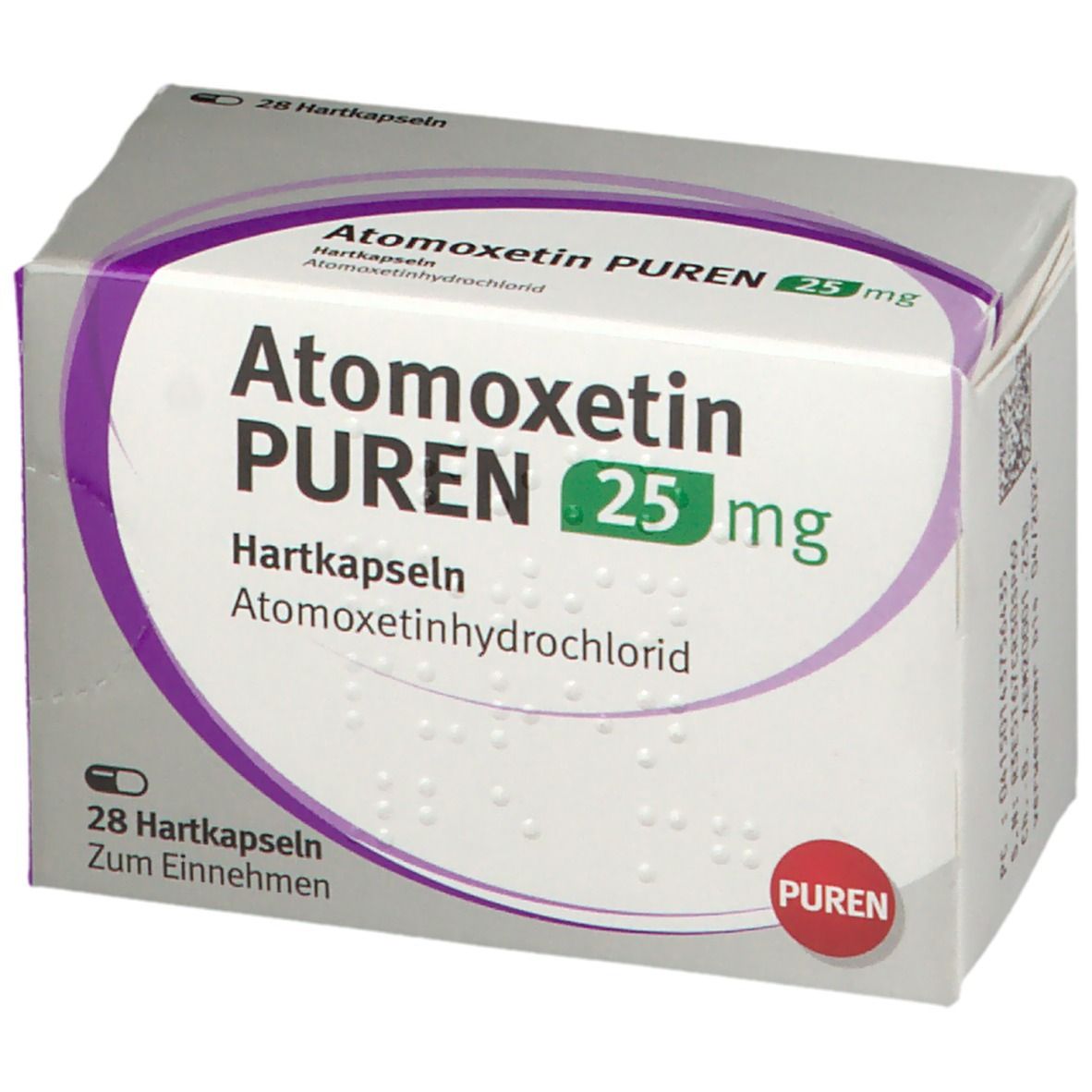 Atomoxetin PUREN 25 mg-Packung. Weiße Schachtel mit lila Akzenten. Beschriftung: 28 Hartkapseln, Atomoxetin PUREN 25 mg.