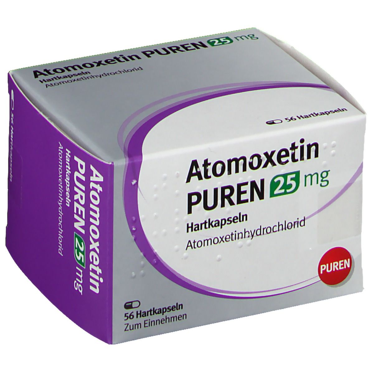 Atomoxetin PUREN 25 mg-Verpackung. Weiß-lila Schachtel mit Produktnamen und Dosierung. 56 Hartkapseln. PUREN-Logo.