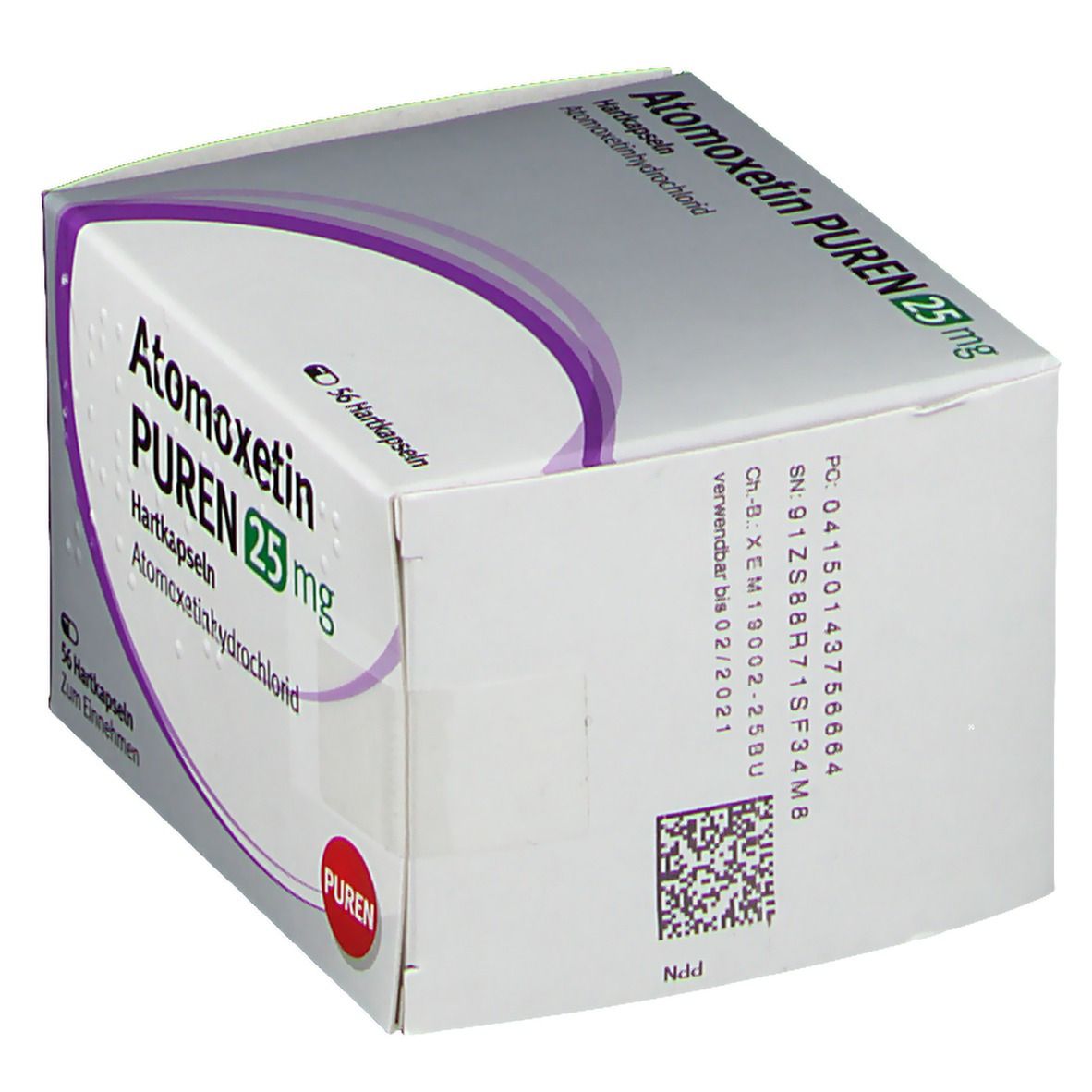 Atomoxetin PUREN 25 mg-Verpackung. Weiße Schachtel mit Produktnamen und Dosierung. 56 Hartkapseln. PUREN-Logo. QR-Code.