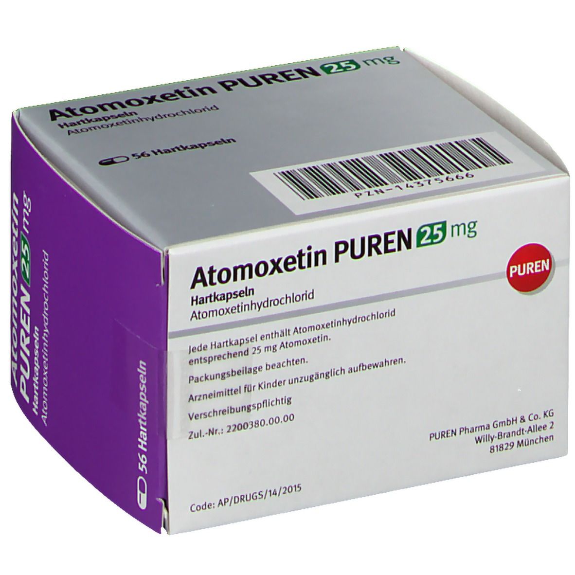 Atomoxetin PUREN 25 mg-Verpackung. Weiße Schachtel mit Produktnamen und Dosierung. 56 Hartkapseln. PUREN-Logo. Textinformationen.