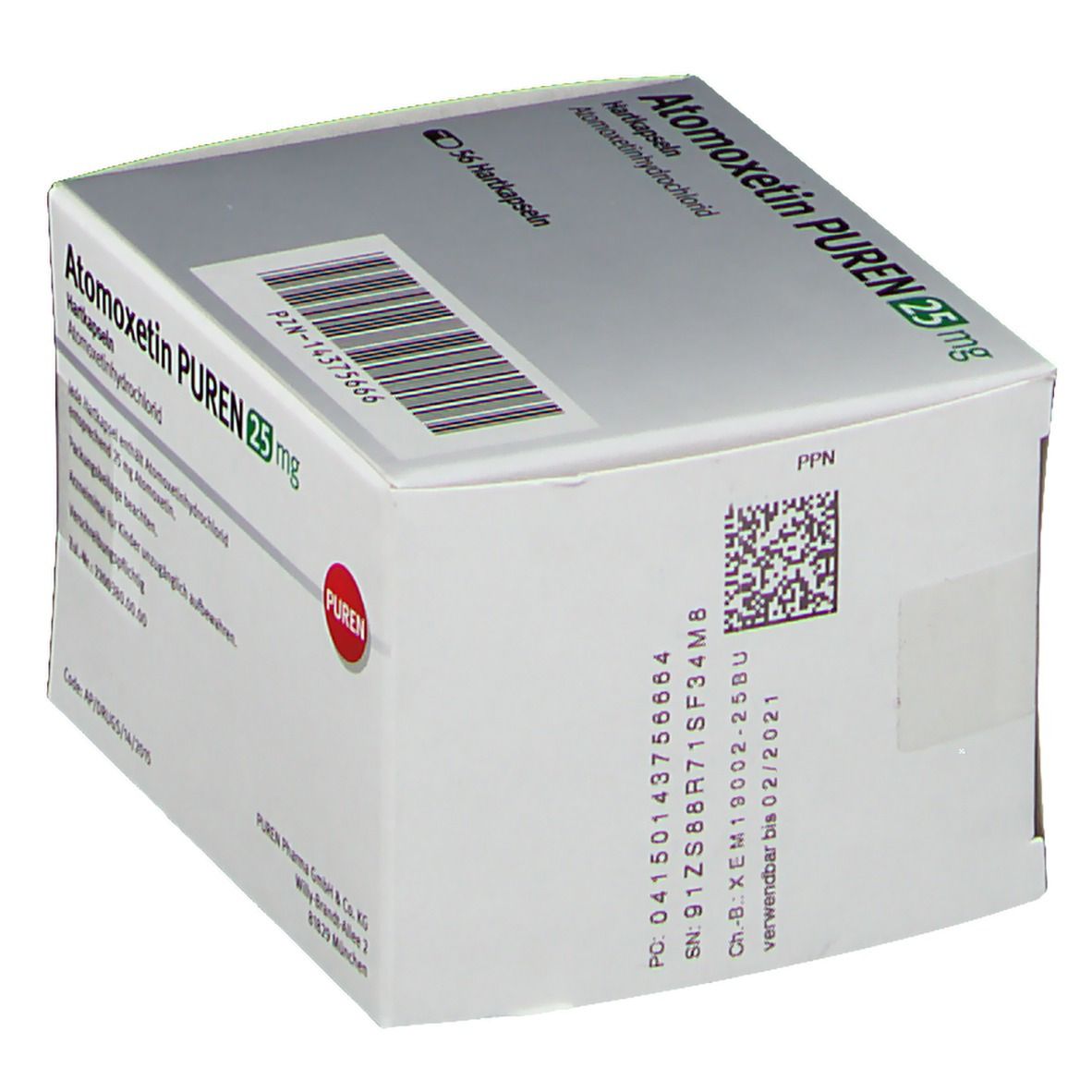 Atomoxetin PUREN 25 mg-Verpackung. Weiße Schachtel mit Produktnamen und Dosierung. 56 Hartkapseln. PUREN-Logo. Barcode.