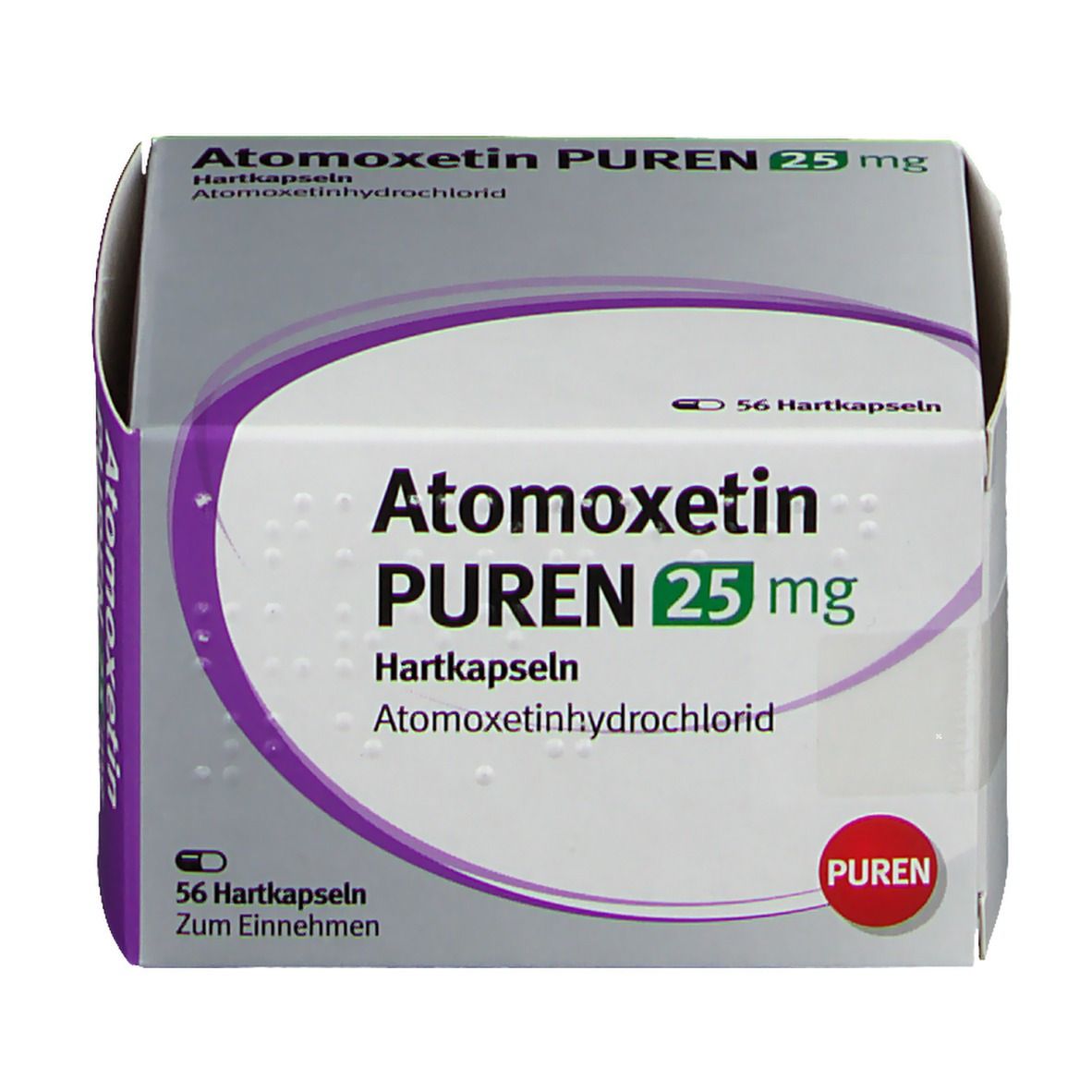 Atomoxetin PUREN 25 mg-Verpackung. Weiße Schachtel mit Produktnamen und Dosierung. 56 Hartkapseln. PUREN-Logo.