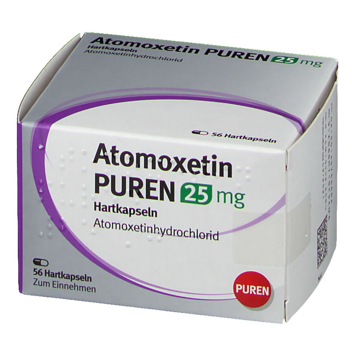 Atomoxetin PUREN 25 mg-Verpackung. Weiße Schachtel mit Produktnamen und Dosierung. 56 Hartkapseln. PUREN-Logo.