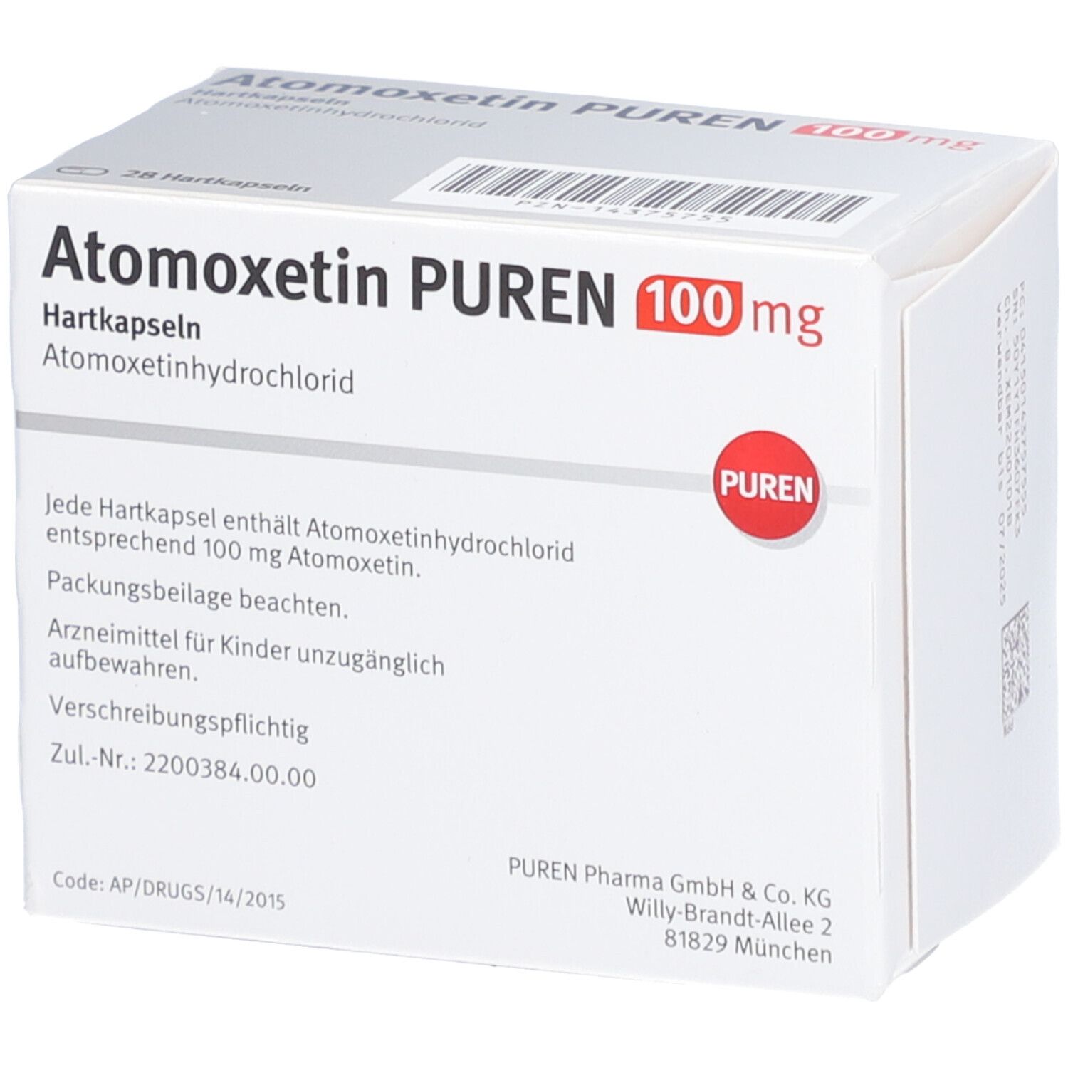 Atomoxetin PUREN 100 mg, Hartkapseln. Weiße Faltschachtel mit Text. Roter PUREN-Kreis. 28 Hartkapseln. Beipackzettel.