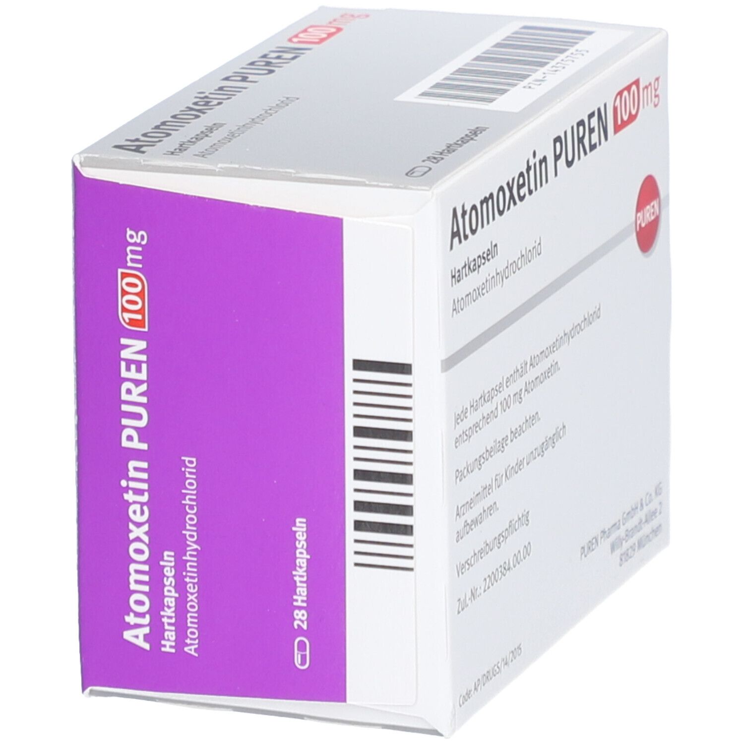 Atomoxetin PUREN 100 mg, Hartkapseln. Weiße Faltschachtel mit Text und Barcode. Roter PUREN-Kreis. 28 Hartkapseln.
