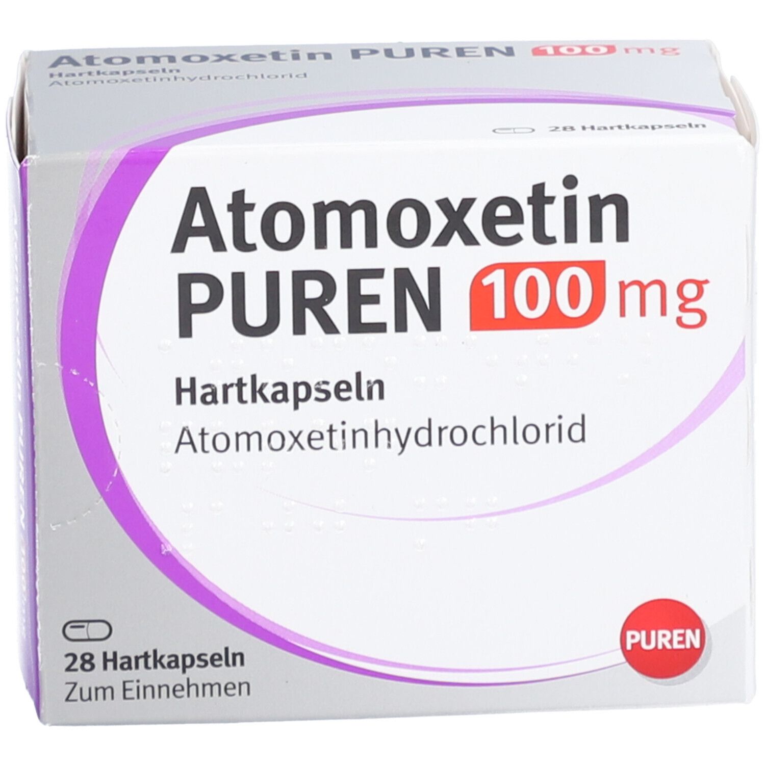 Atomoxetin PUREN 100 mg, Hartkapseln. Weiße Faltschachtel mit roter Schrift und rotem Rechteck. 28 Hartkapseln.
