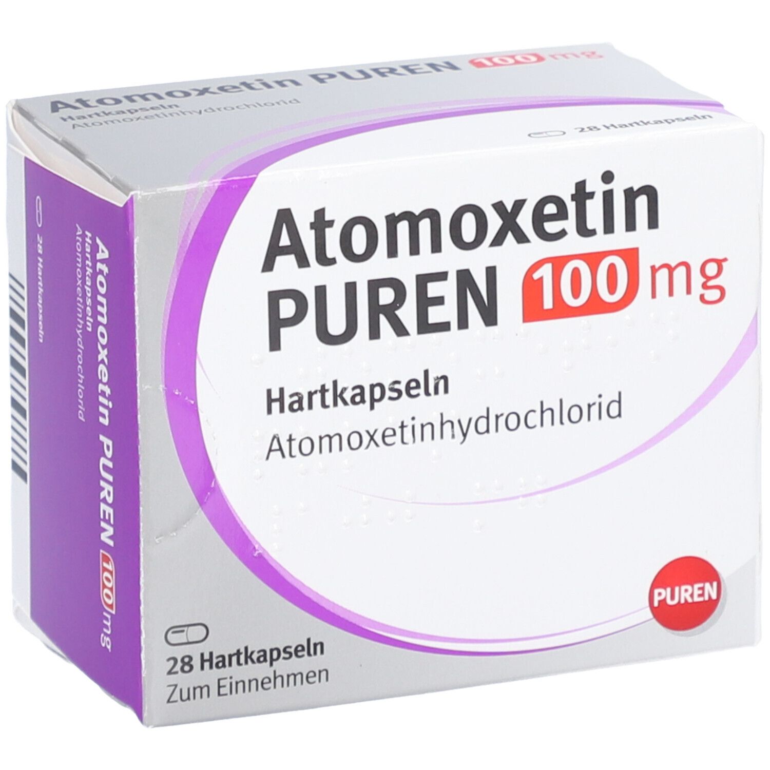 Atomoxetin PUREN 100 mg, Hartkapseln. Weiße Faltschachtel mit roter Schrift und rotem Rechteck. 28 Hartkapseln.