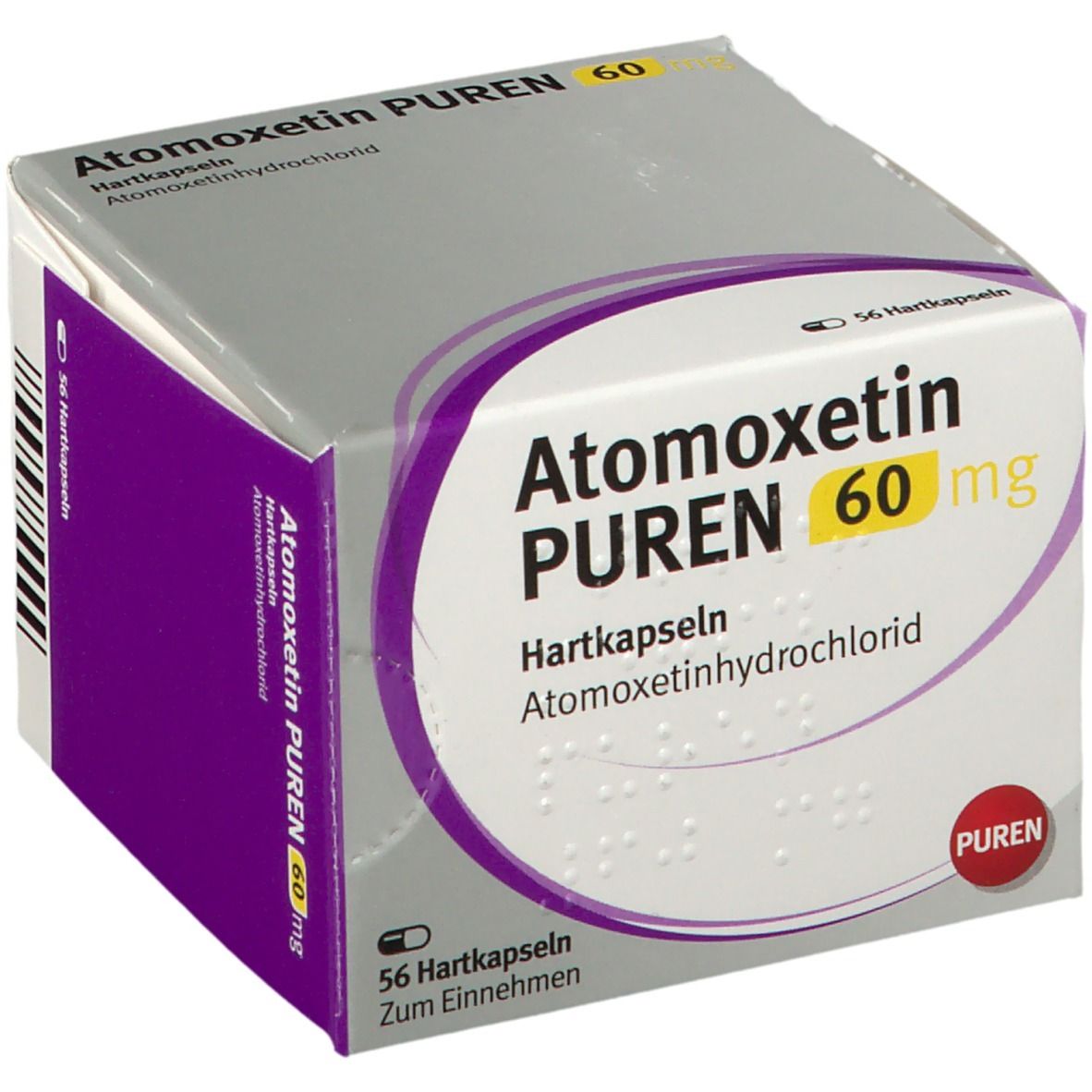 Atomoxetin PUREN 60 mg, Hartkapseln. Packung mit 56 Kapseln. Lila und weiße Verpackung mit Produktnamen und Dosierung.