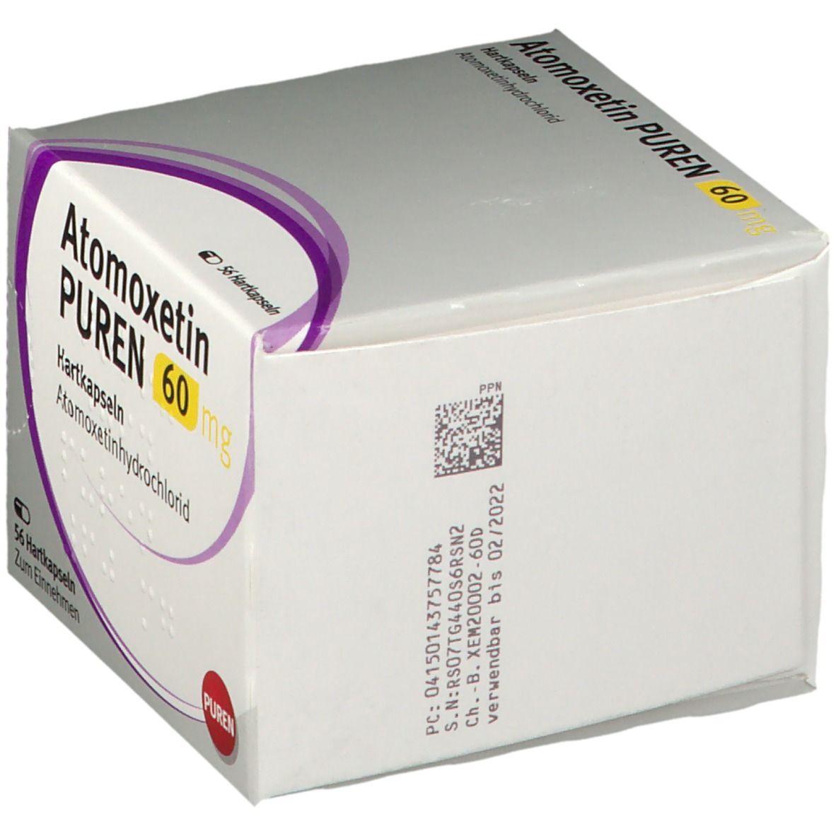 Atomoxetin PUREN 60 mg, Hartkapseln. Verpackung mit Produktinformationen und Chargennummer. Enthält 56 Kapseln.