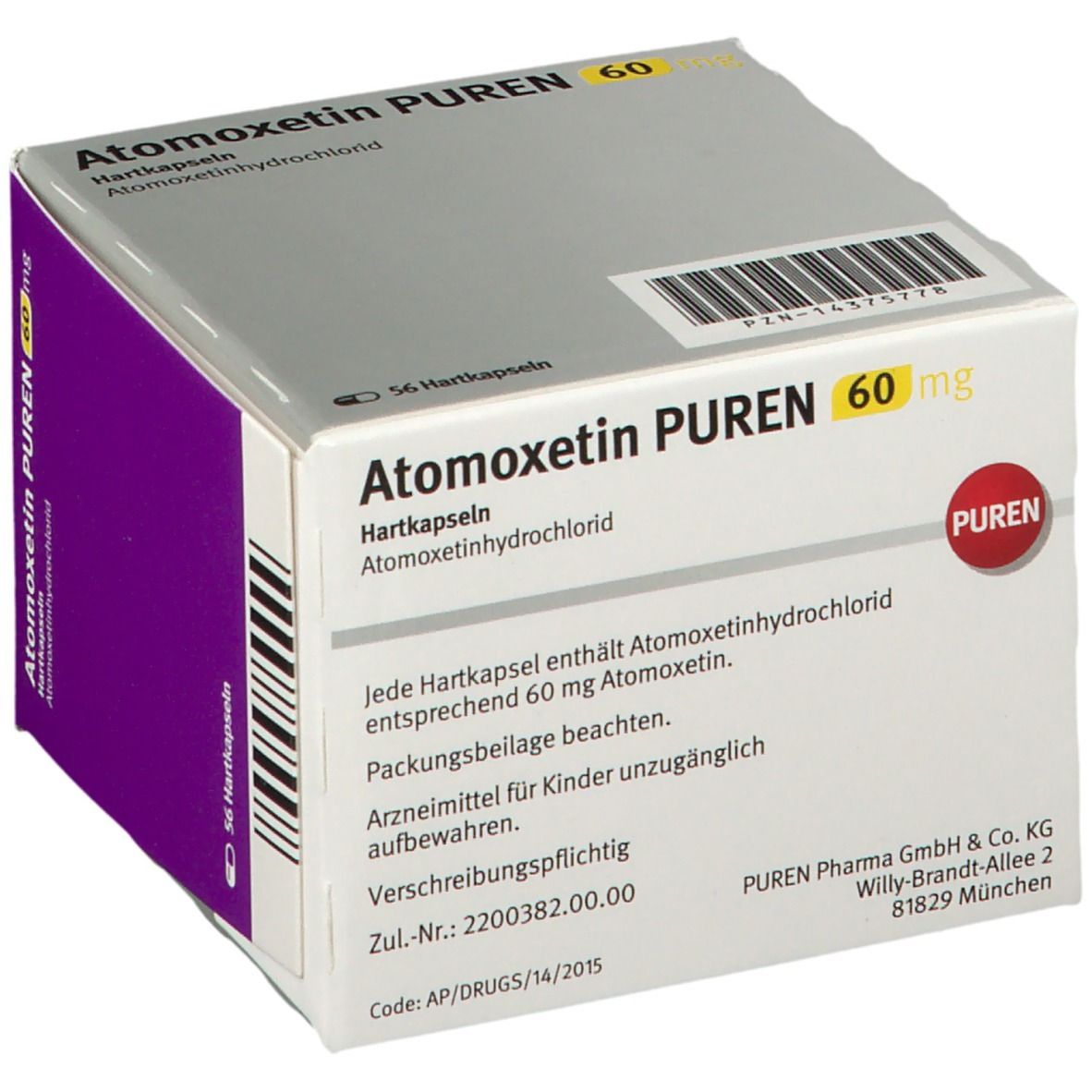 Atomoxetin PUREN 60 mg, Hartkapseln. Verpackung mit Produktinformationen und Dosierung. Enthält 56 Kapseln.