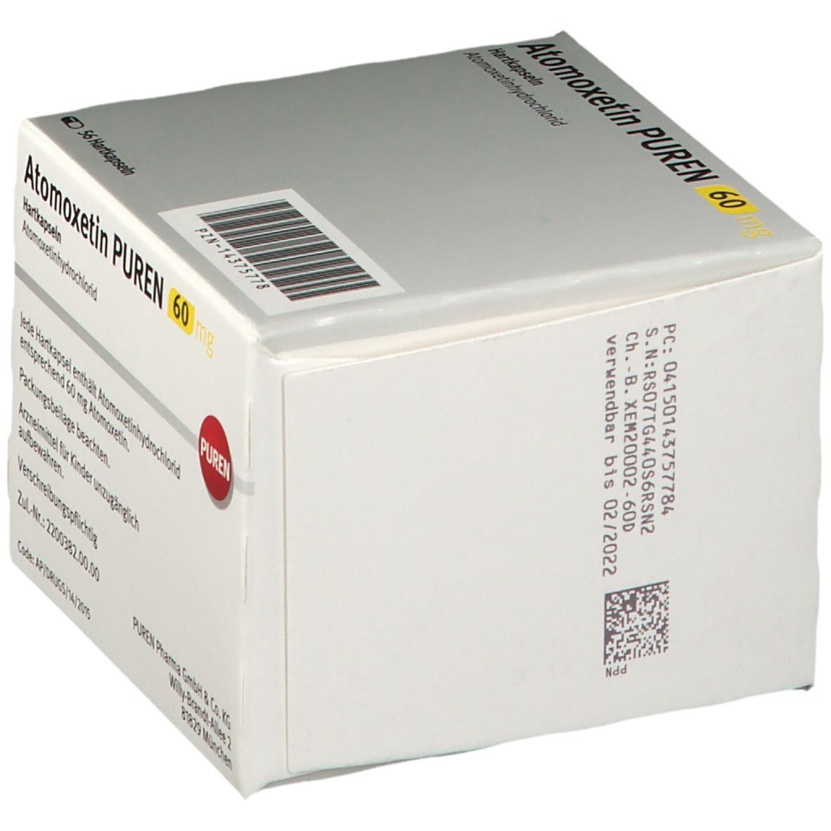 Atomoxetin PUREN 60 mg, Hartkapseln. Verpackung mit Produktinformationen und Chargennummer. Enthält 56 Kapseln.