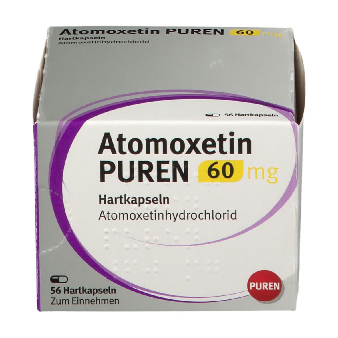 Atomoxetin PUREN 60 mg, Hartkapseln. Packung mit 56 Kapseln. Lila und weiße Verpackung mit Produktnamen und Dosierung.