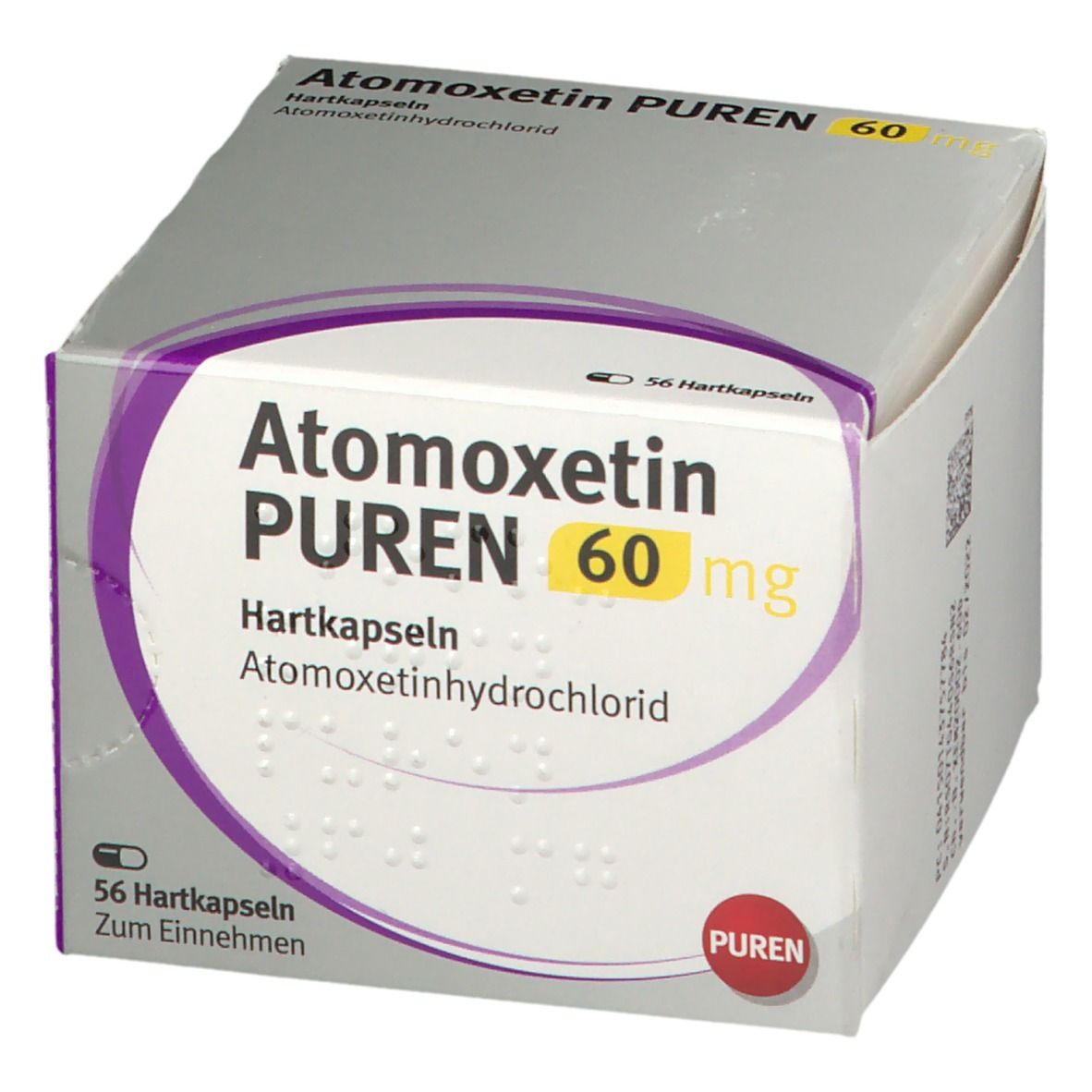 Atomoxetin PUREN 60 mg, Hartkapseln. Packung mit 56 Kapseln. Lila und weiße Verpackung mit Produktnamen und Dosierung.