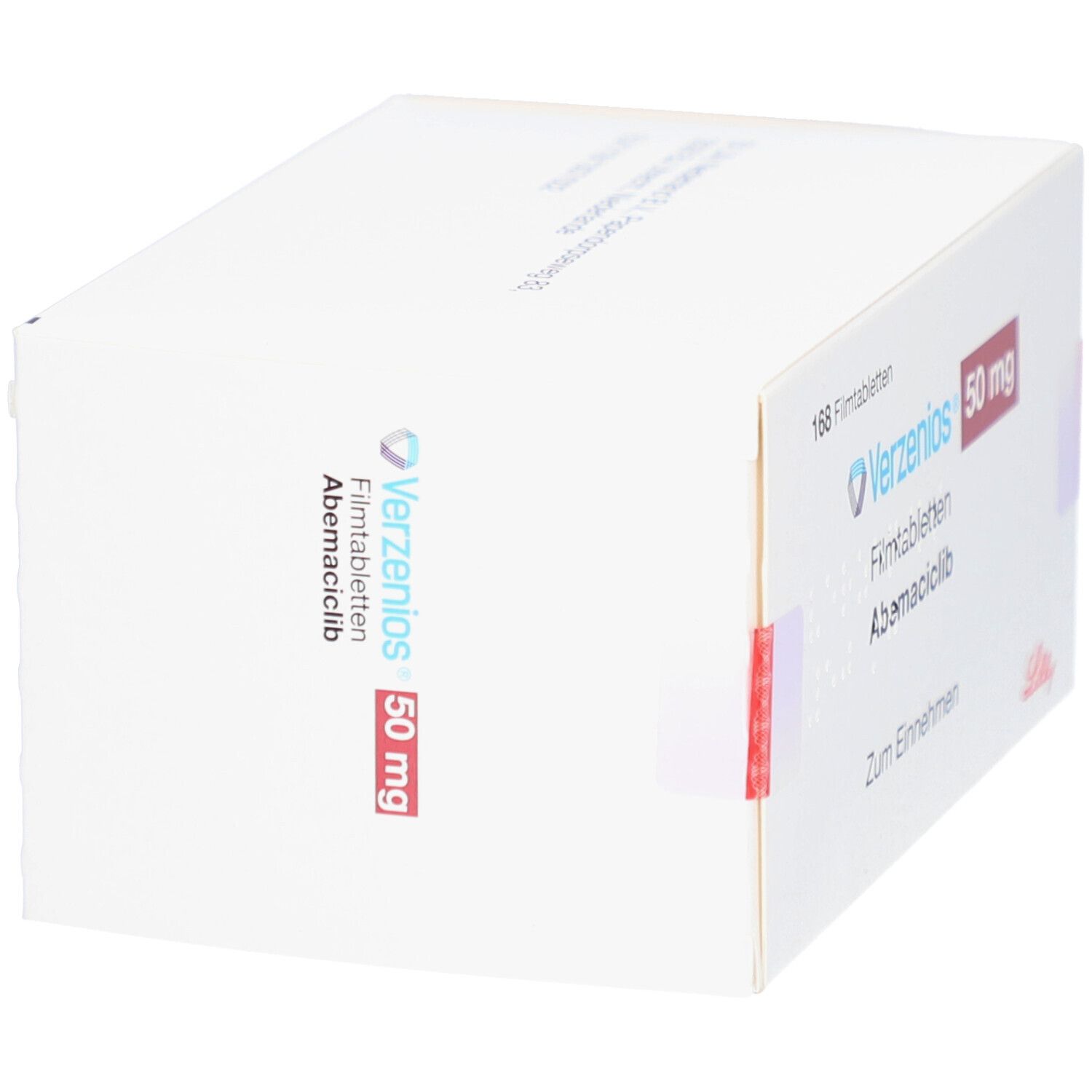 Verzenios 50 mg Filmtabletten-Packung. Weißer Karton mit roter Schrift. Enthält 168 Tabletten. Lilly-Logo.