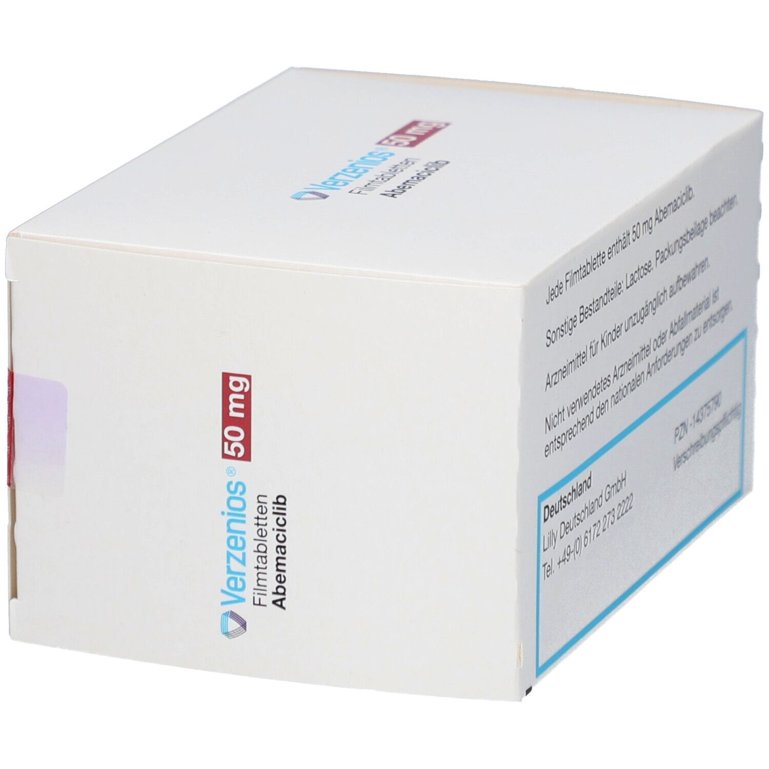 Verzenios 50 mg Filmtabletten-Packung. Weißer Karton mit roter Schrift. Enthält Informationen und Kontakt.