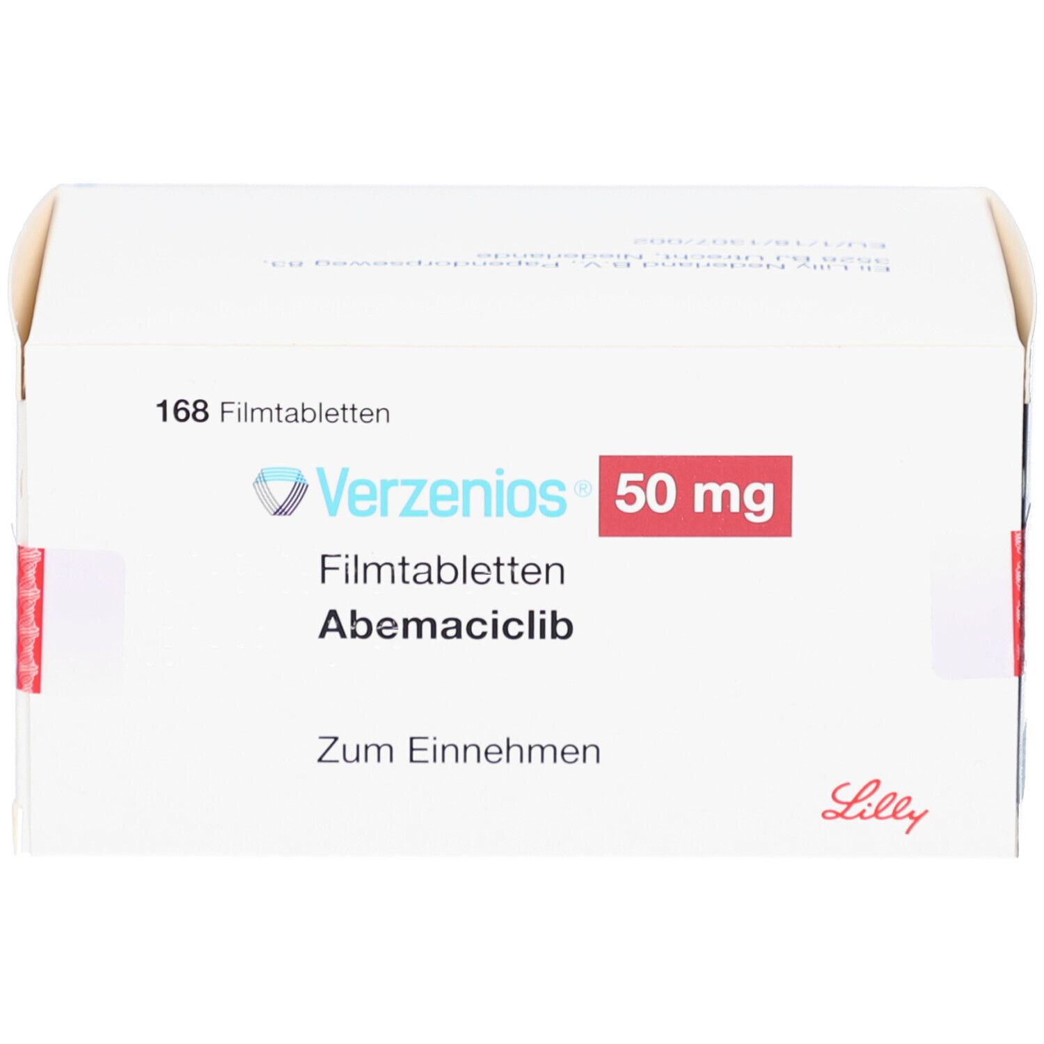 Verzenios 50 mg Filmtabletten-Packung. Weißer Karton mit roter Schrift. Enthält 168 Tabletten. Lilly-Logo.