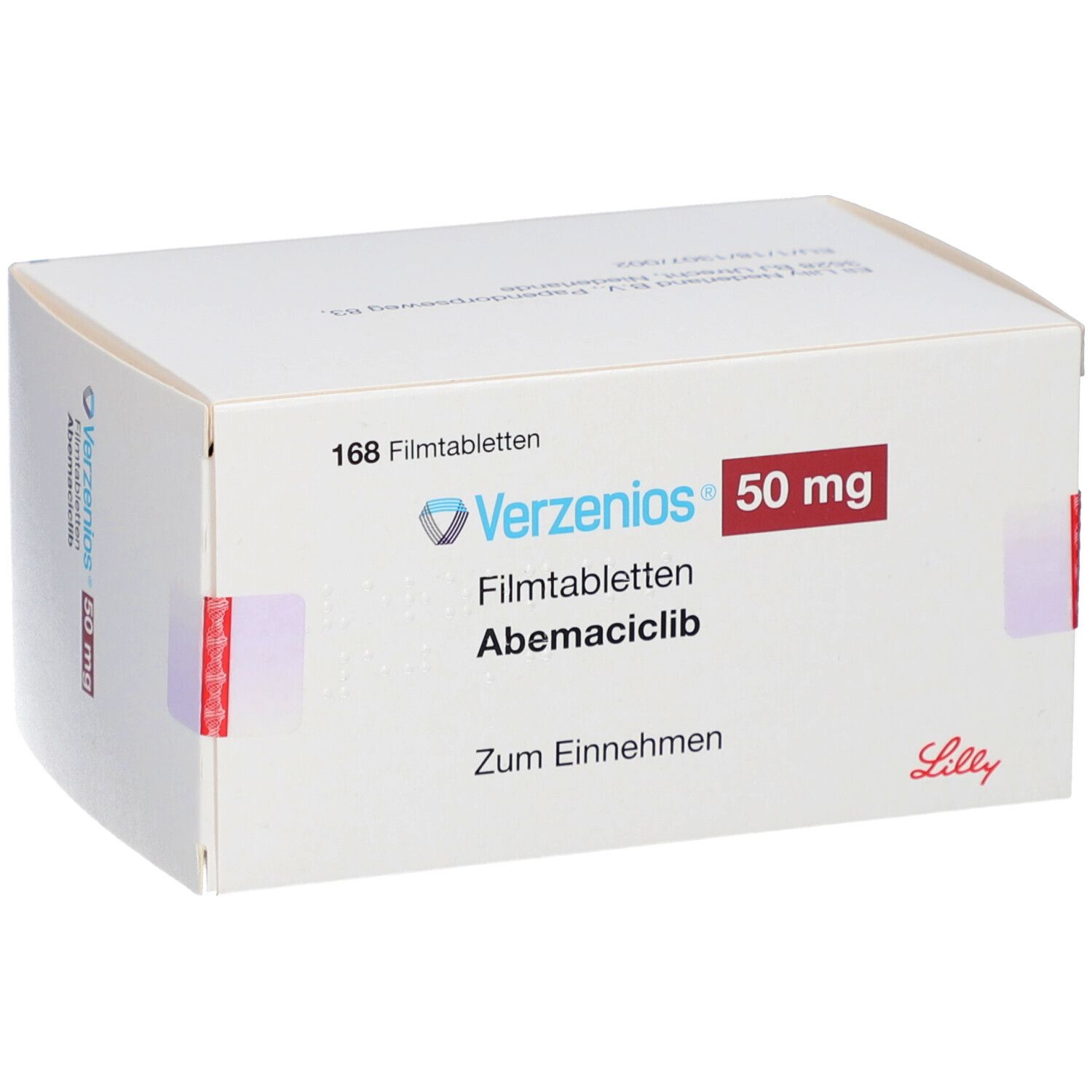 Verzenios 50 mg Filmtabletten-Packung. Weißer Karton mit roter Schrift. Enthält 168 Tabletten. Lilly-Logo.