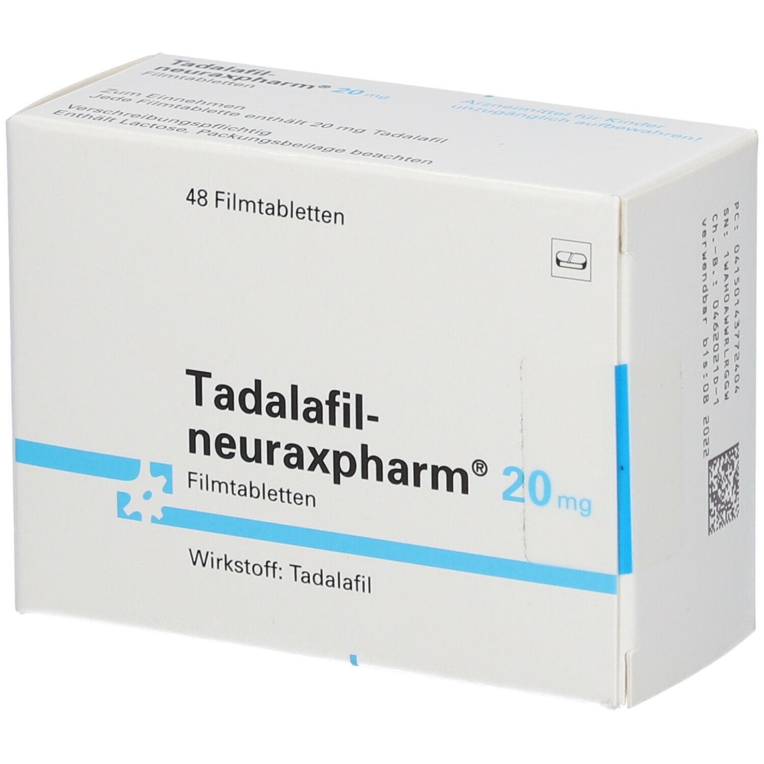 Weiße Faltschachtel mit blauer Schrift. Aufschrift: Tadalafil-neuraxpharm® 20 mg, 48 Filmtabletten. Wirkstoff: Tadalafil.