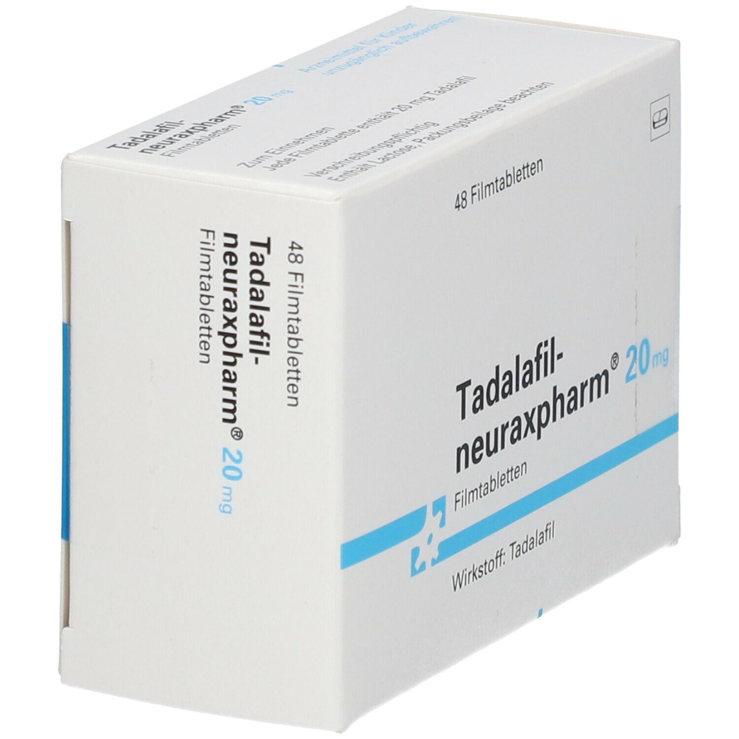 Weiße Faltschachtel, schräg von vorne. Aufschrift: Tadalafil-neuraxpharm® 20 mg, 48 Filmtabletten. Wirkstoff: Tadalafil. Blaue Streifen.