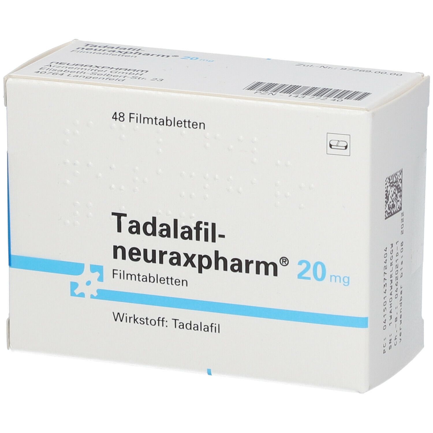 Weiße Faltschachtel mit blauer Schrift. Aufschrift: Tadalafil-neuraxpharm® 20 mg, 48 Filmtabletten. Wirkstoff: Tadalafil. QR-Code.