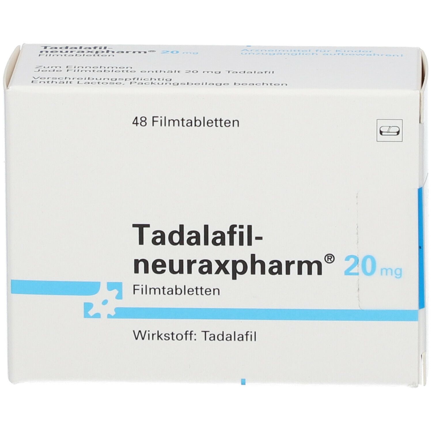 Weiße Faltschachtel mit blauer Schrift. Aufschrift: Tadalafil-neuraxpharm® 20 mg, 48 Filmtabletten. Wirkstoff: Tadalafil.