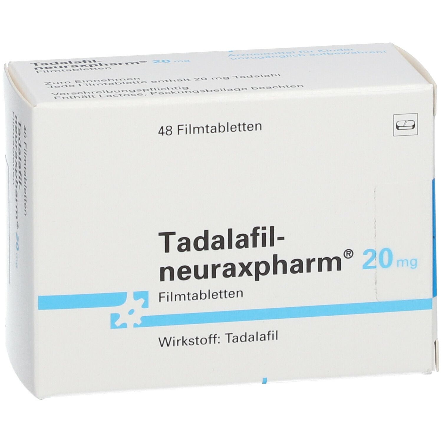 Weiße Faltschachtel mit blauer Schrift. Aufschrift: Tadalafil-neuraxpharm® 20 mg, 48 Filmtabletten. Wirkstoff: Tadalafil.