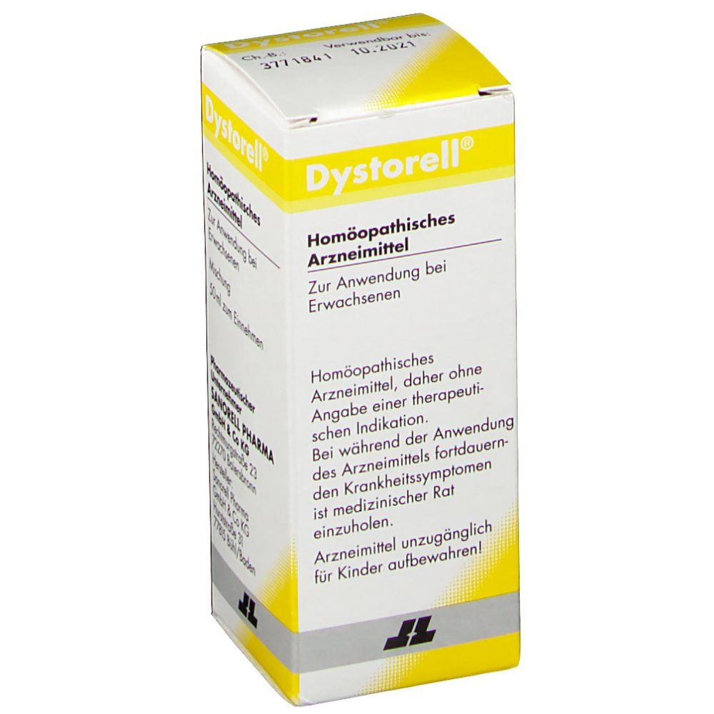 Gelb-weiße Kartonverpackung. Aufschrift: Dystorell®, Homöopathisches Arzneimittel. Text: Zur Anwendung bei Erwachsenen. Apothekenpflichtig.