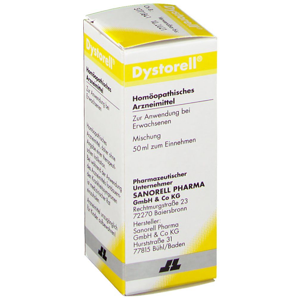 Gelb-weiße Kartonverpackung. Aufschrift: Dystorell®, Homöopathisches Arzneimittel. Text: Zur Anwendung bei Erwachsenen. Mischung 50ml.