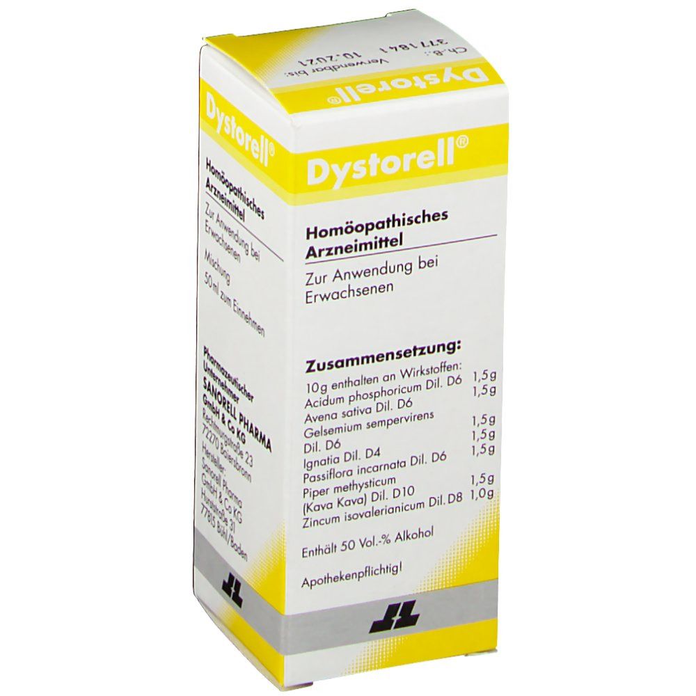 Gelb-weiße Kartonverpackung. Aufschrift: Dystorell®, Homöopathisches Arzneimittel. Text: Zusammensetzung. Inhaltsstoffe und Mengenangaben.