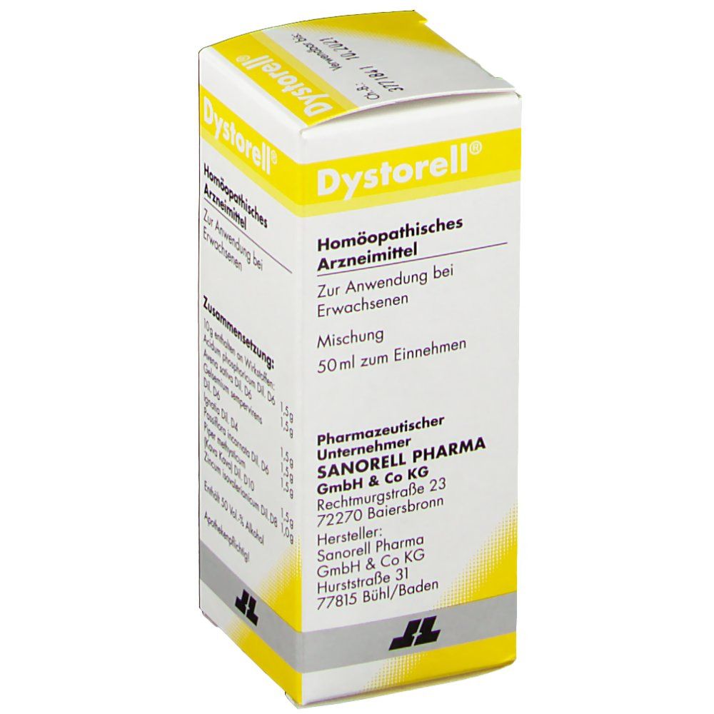 Gelb-weiße Kartonverpackung. Aufschrift: Dystorell®, Homöopathisches Arzneimittel. Text: Mischung 50ml zum Einnehmen. Apothekenpflichtig.