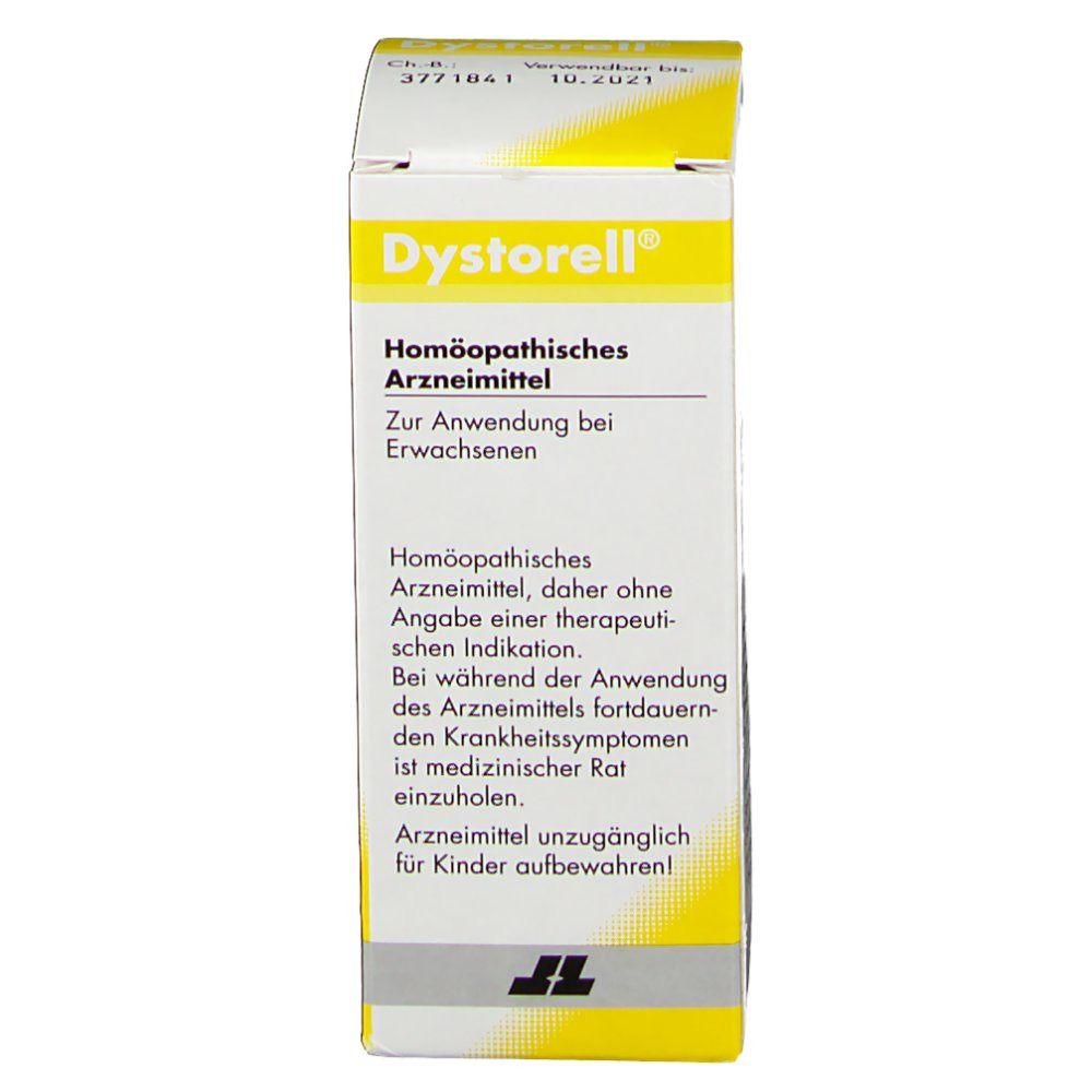 Gelb-weiße Kartonverpackung. Aufschrift: Dystorell®, Homöopathisches Arzneimittel. Text: Zur Anwendung bei Erwachsenen. Apothekenpflichtig.