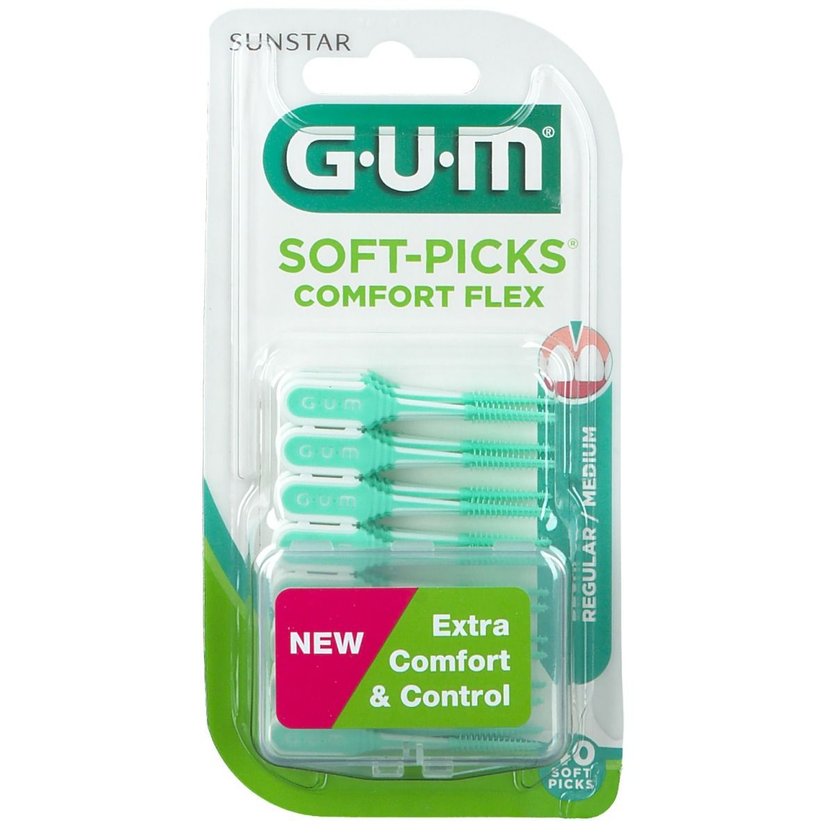 Verpackung mit GUM Soft-Picks Comfort Flex. Grüne Zahnzwischenraumbürsten in einer transparenten Blisterverpackung. Aufschrift: Extra Comfort & Control.