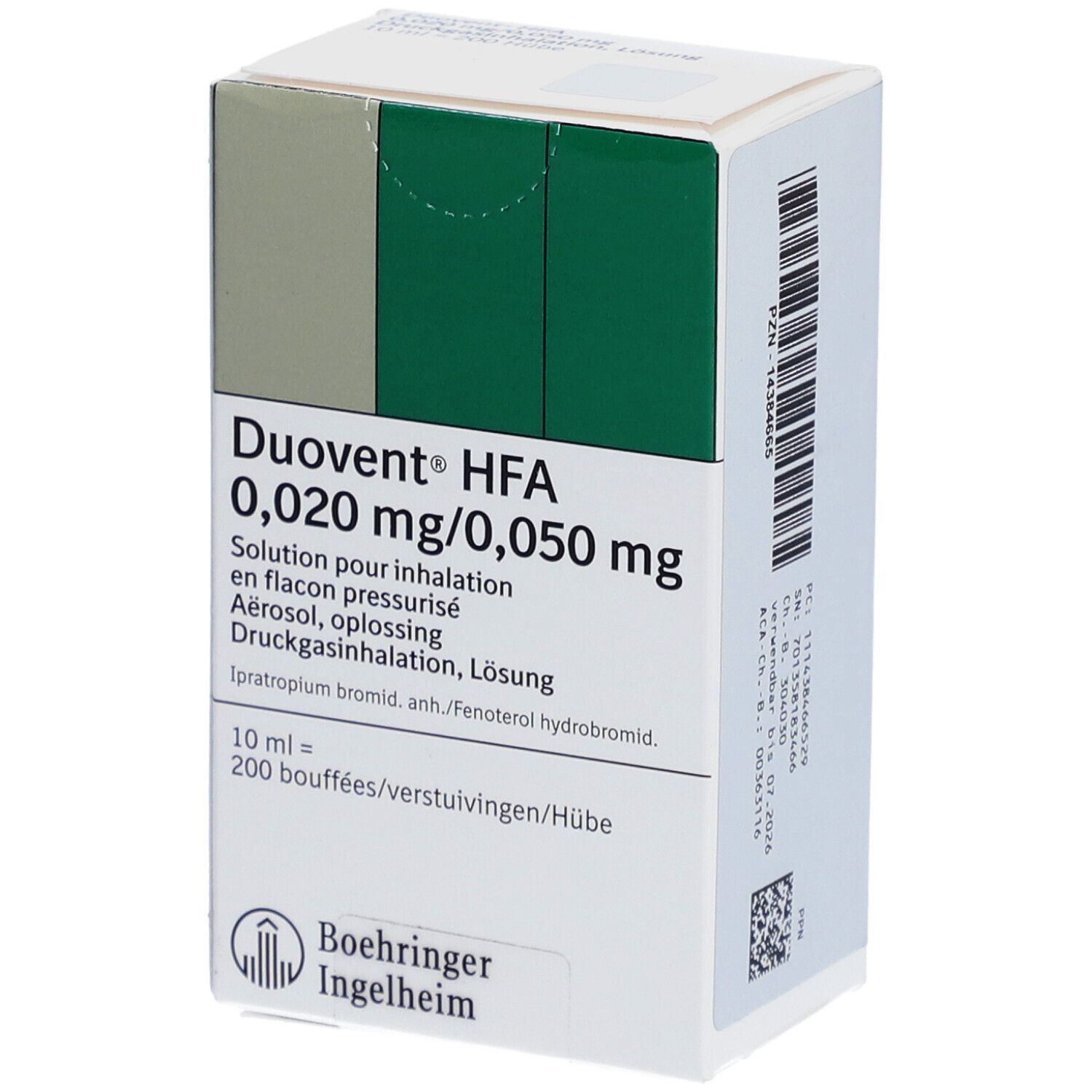 Weißer Karton mit grünen Akzenten. Aufschrift: Duovent HFA 0,020 mg/0,050 mg. Hersteller: Boehringer Ingelheim.