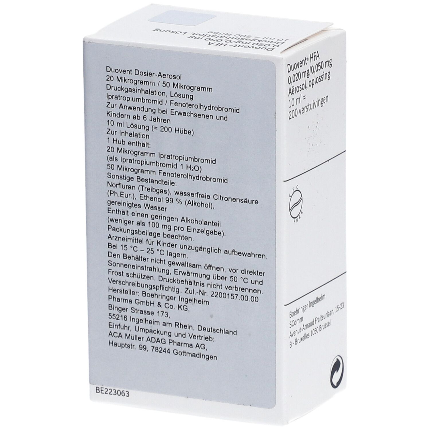 Rückseite eines weißen Kartons. Textinformationen: Duovent Dosier-Aerosol, Inhaltsstoffe, Anwendungshinweise, Herstellerinformationen.