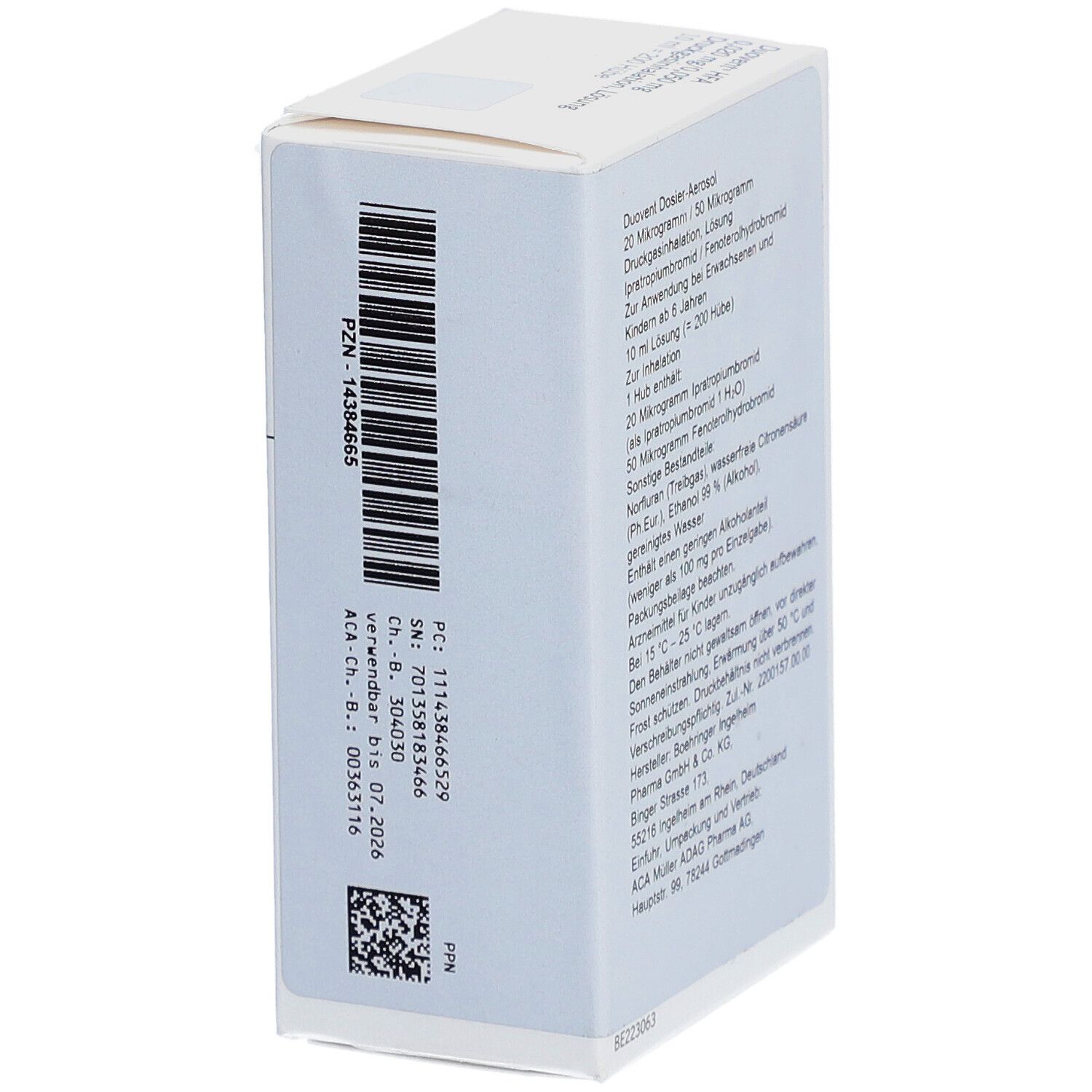 Seitenansicht eines weißen Kartons. Barcode und PZN-Nummer. Text: ACA-Ch.-B.: 00165176.