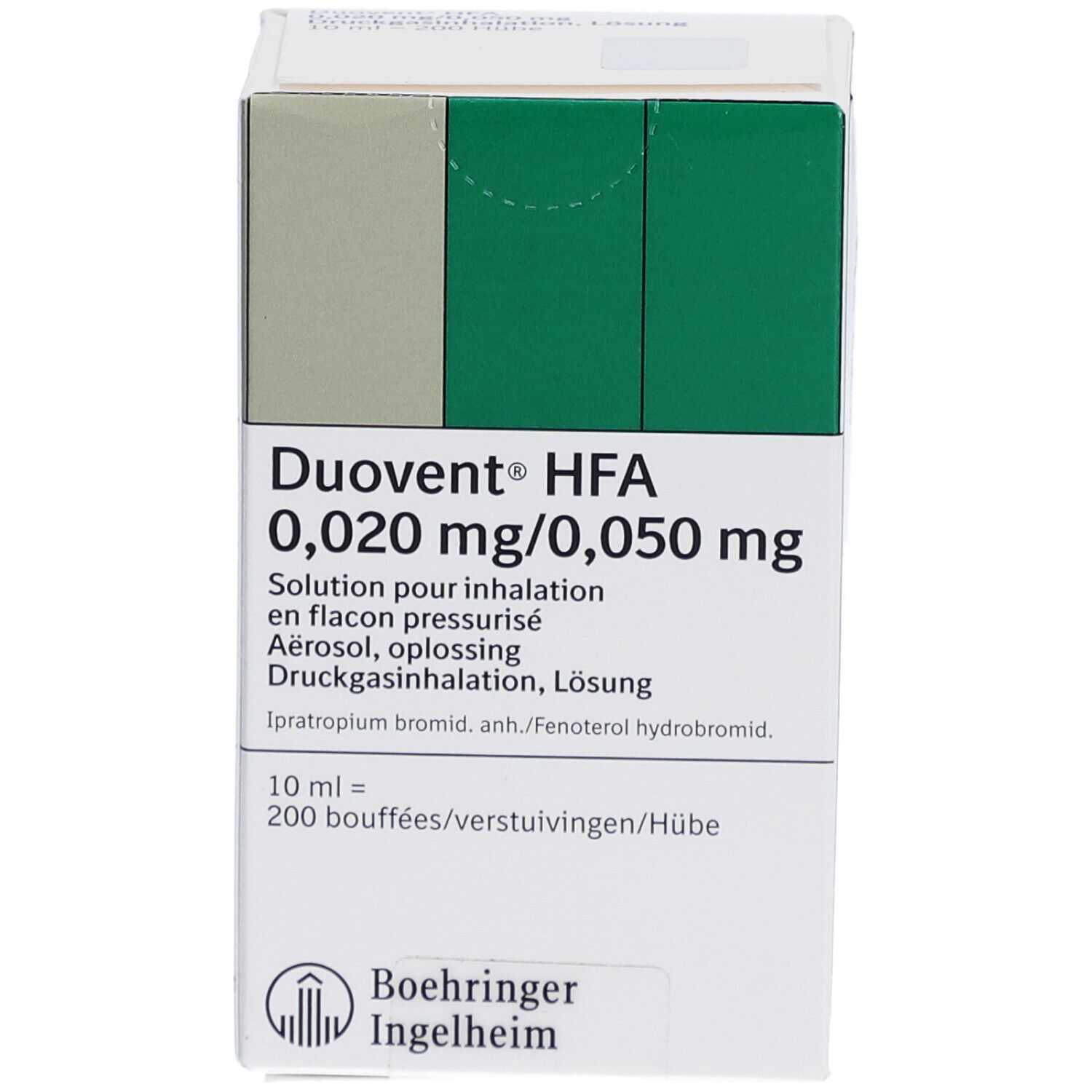 Weißer Karton mit grünen Akzenten. Aufschrift: Duovent HFA 0,020 mg/0,050 mg. Hersteller: Boehringer Ingelheim.
