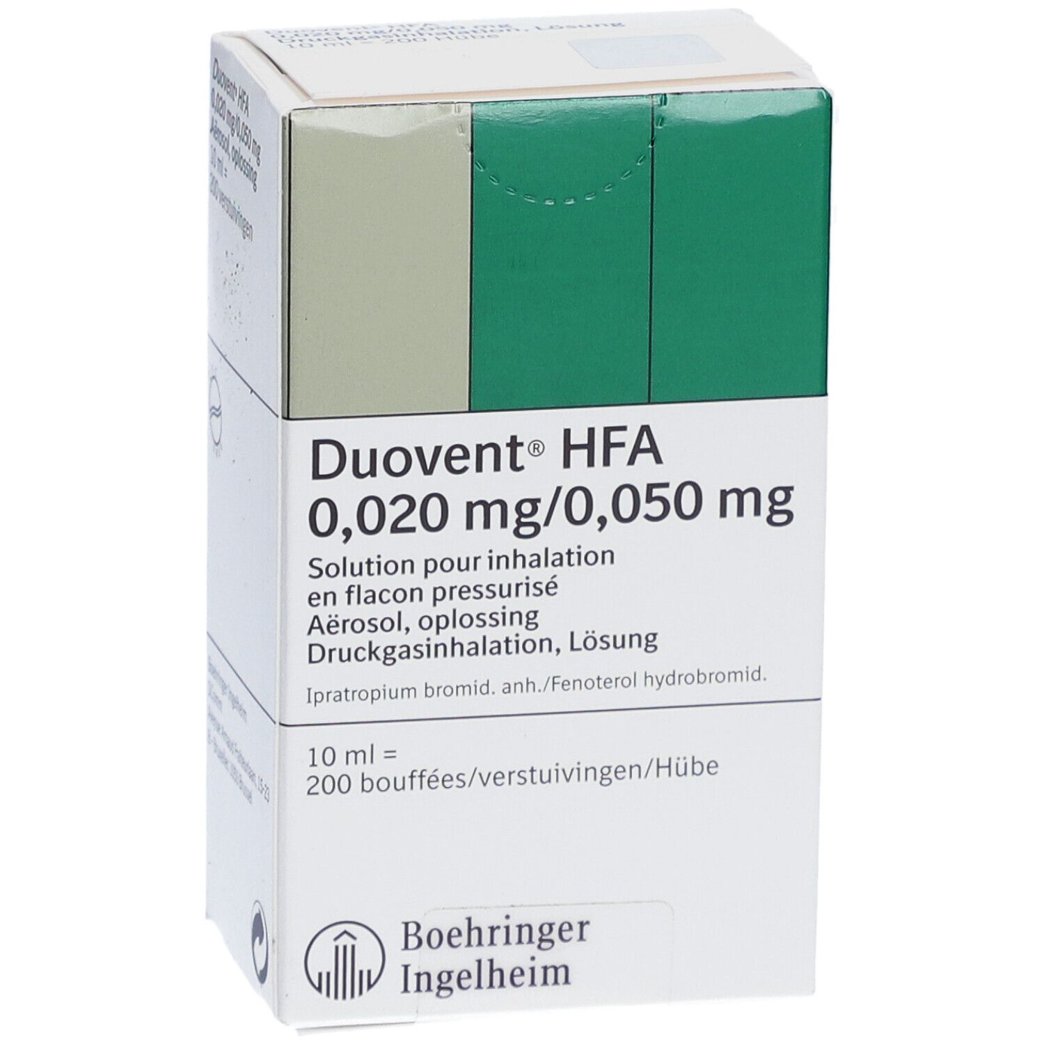 Weißer Karton mit grünen Akzenten. Aufschrift: Duovent HFA 0,020 mg/0,050 mg. Hersteller: Boehringer Ingelheim.