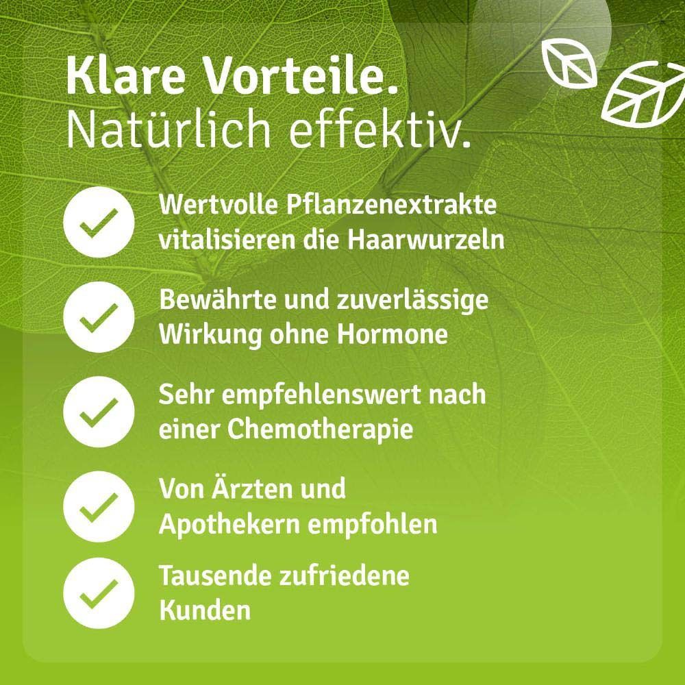 Text auf grünem Hintergrund. Informationen über Pflanzenextrakte, hormonfreie Wirkung, Chemotherapie und Apotheken.