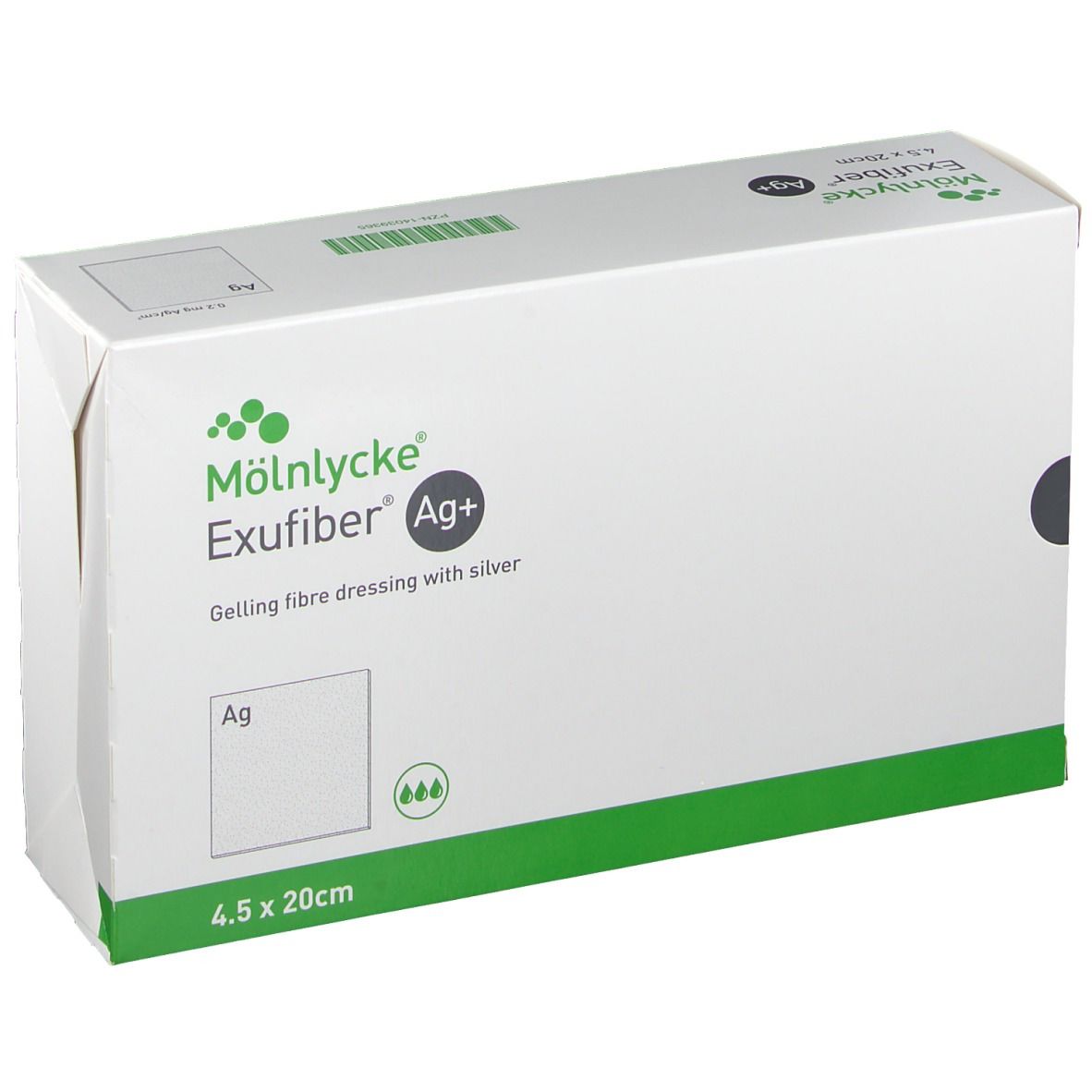 Verpackung von Exufiber Ag+ Wundauflage. Weißer Karton mit grünen Akzenten. Produktname und Größe 4,5 x 20 cm sind sichtbar.