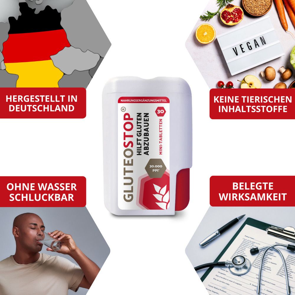 Collage: GluteoStop Spender, "Hergestellt in Deutschland", "Vegan", "Ohne Wasser schluckbar", "Belegte Wirksamkeit".