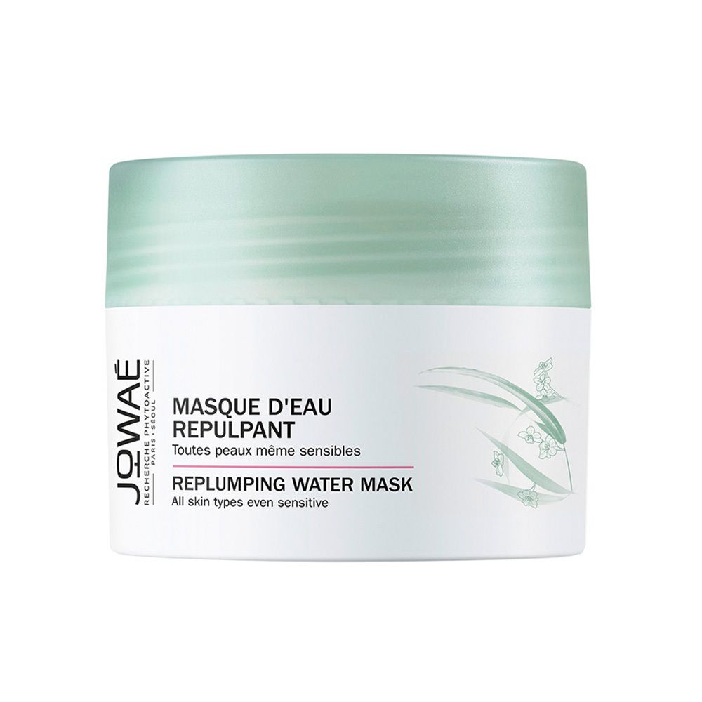 Weißer Tiegel mit grünem Deckel. Aufschrift: JOWAE, Masque d'Eau Repulpant, Re-Plumping Water Mask.