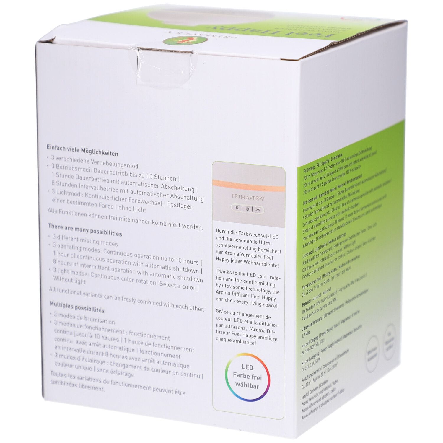 Rückseite der Verpackung des Aroma Verneblers Feel Happy. Text über Funktionen und LED-Farben. PRIMAVERA Logo.