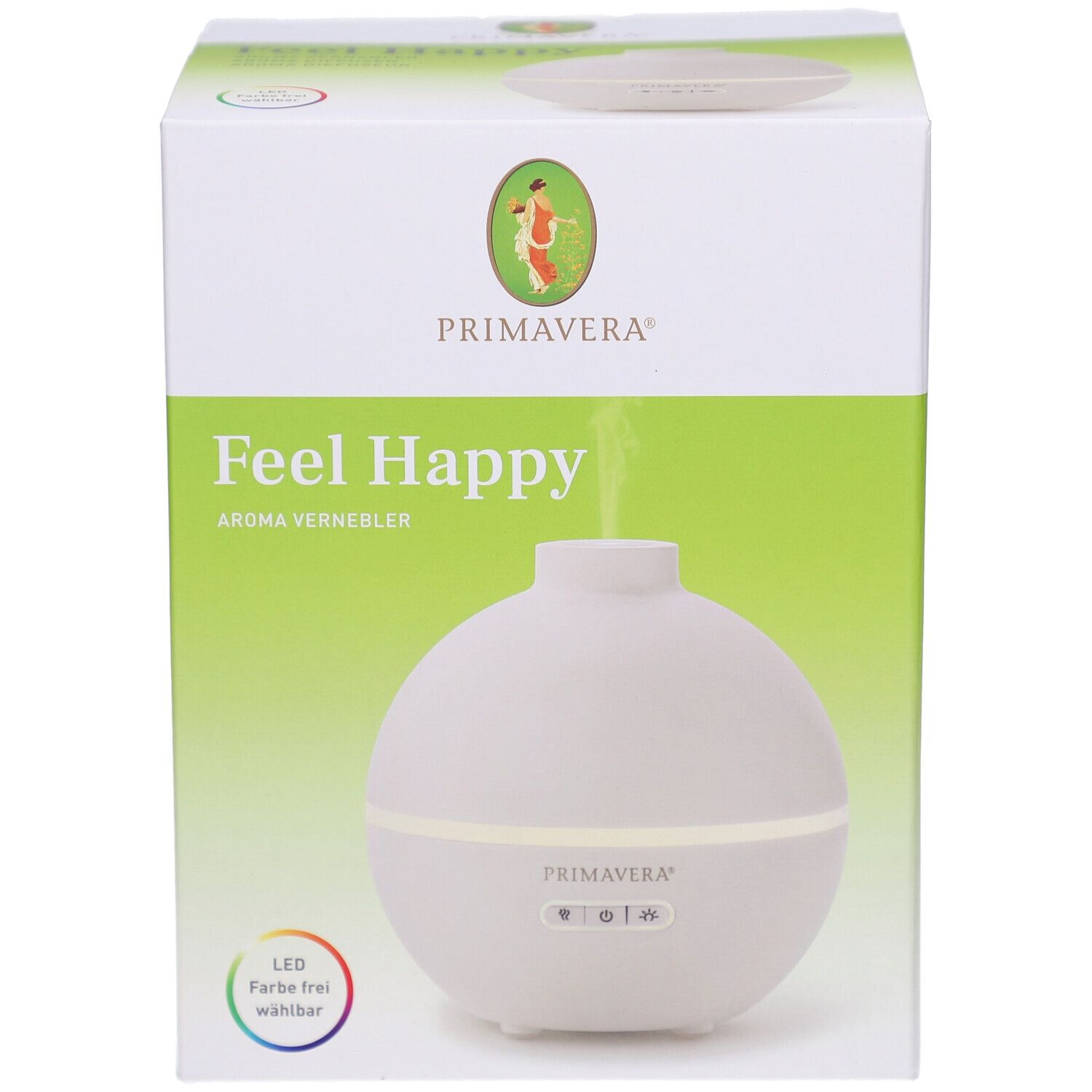 Aroma Vernebler Feel Happy in Verpackung. Weißer, runder Vernebler mit LED-Beleuchtung. PRIMAVERA Logo und Produktname.