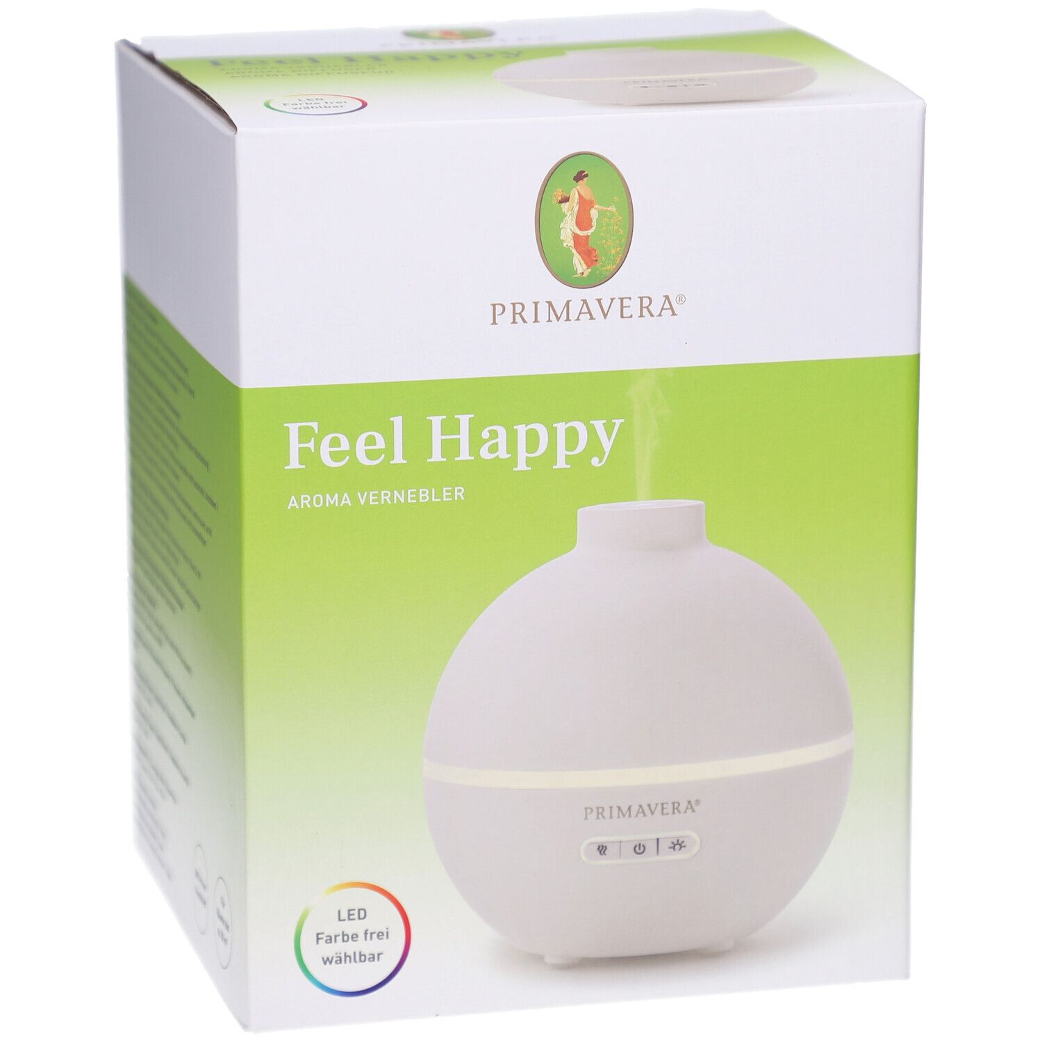 Aroma Vernebler Feel Happy in Verpackung. Weißer, runder Vernebler mit LED-Beleuchtung. PRIMAVERA Logo und Produktname.